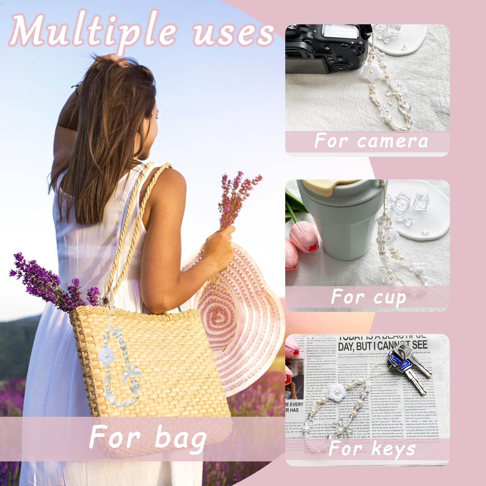 Cute Strawberry Phone Charms with Bowknot Heart - Aesthetic Beaded Phone Strap for iPhone, Samsung, AirPods & Keys - Kawaii Pink/White Accessory for Girls, Teens & Women (Perfect for School, Work & Travel)