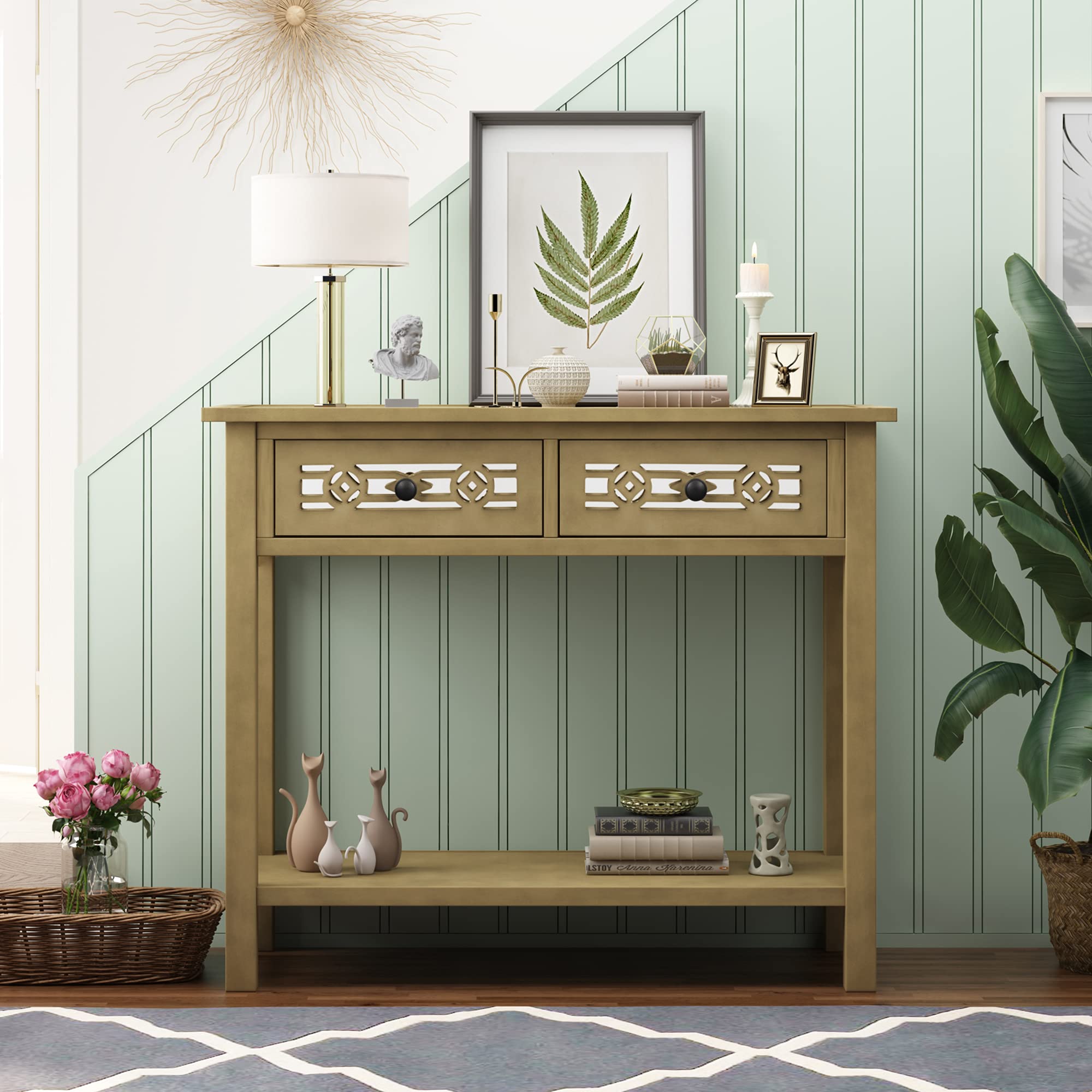RUNNA Classic Console Table with Hollow-Out Design, Sofa Side Table with 2 Drawers & Open Shelf, Entryway Table for Living Room, Bedroom, Hallway - Gold & Wood Finish | Perfect for Home Decor, Small Space Furniture & Apartment Essentials