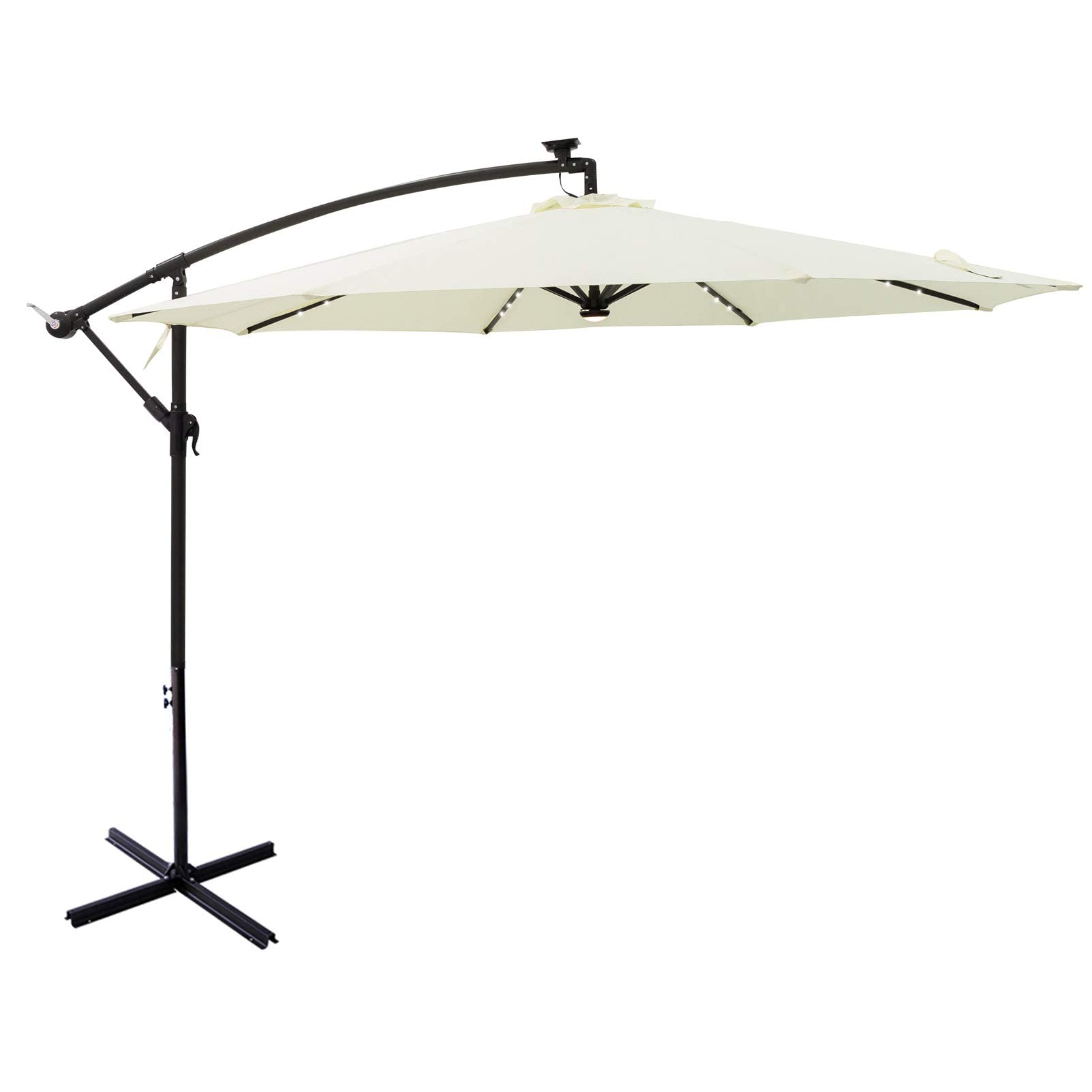 10 ft Offset Cantilever Outdoor Patio Umbrella with Solar LED Lights & Cross Base Stand - Ivory | Perfect for Poolside, Backyard, Beach & Garden Shade