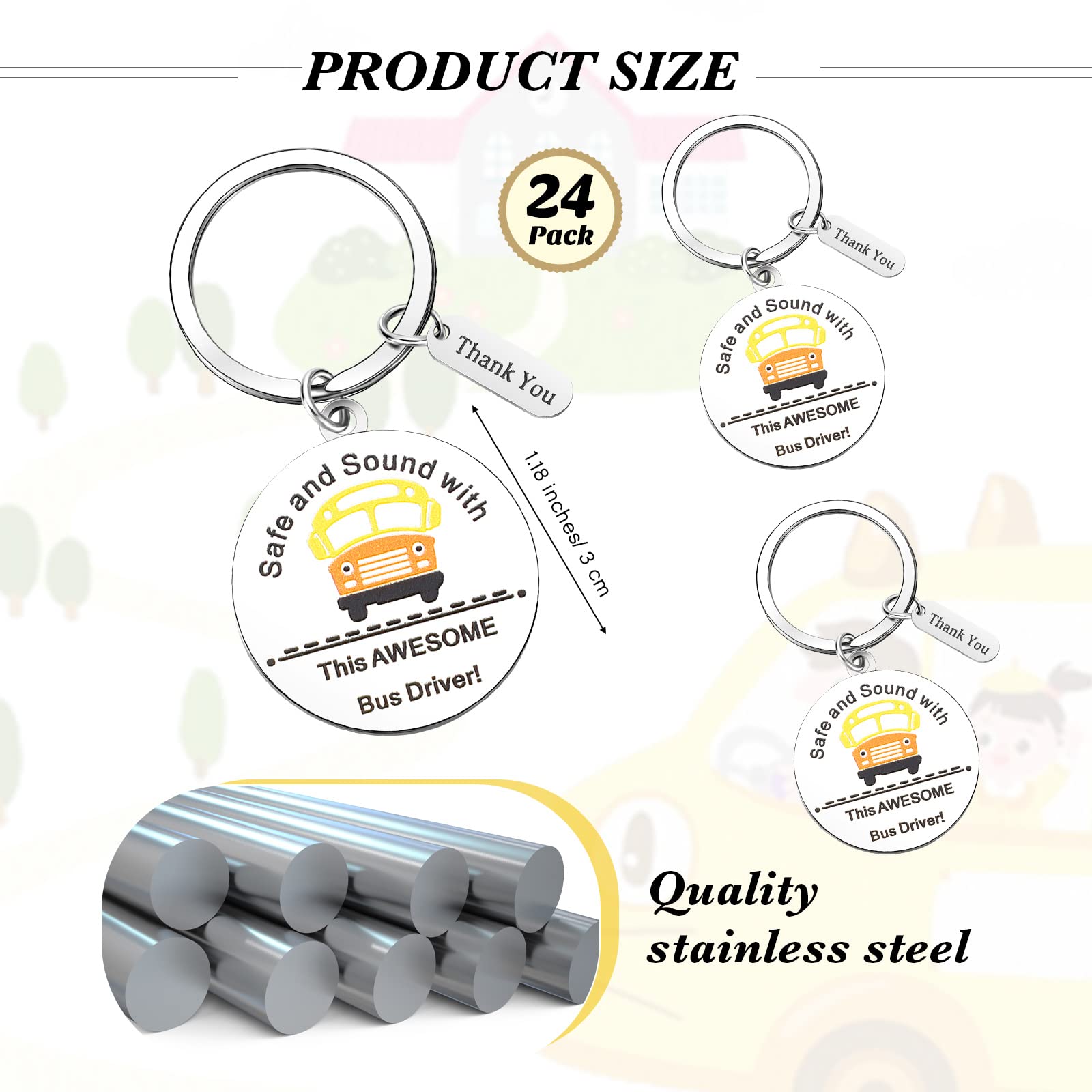 24 Pcs School Bus Driver Appreciation Gifts - Bulk Stainless Steel Thank You Keychains for Men & Women - Perfect for New Drivers, Retirement, Birthdays & Farewells | Ideal for Teacher Appreciation Week, End of Year Gifts & Employee Recognition