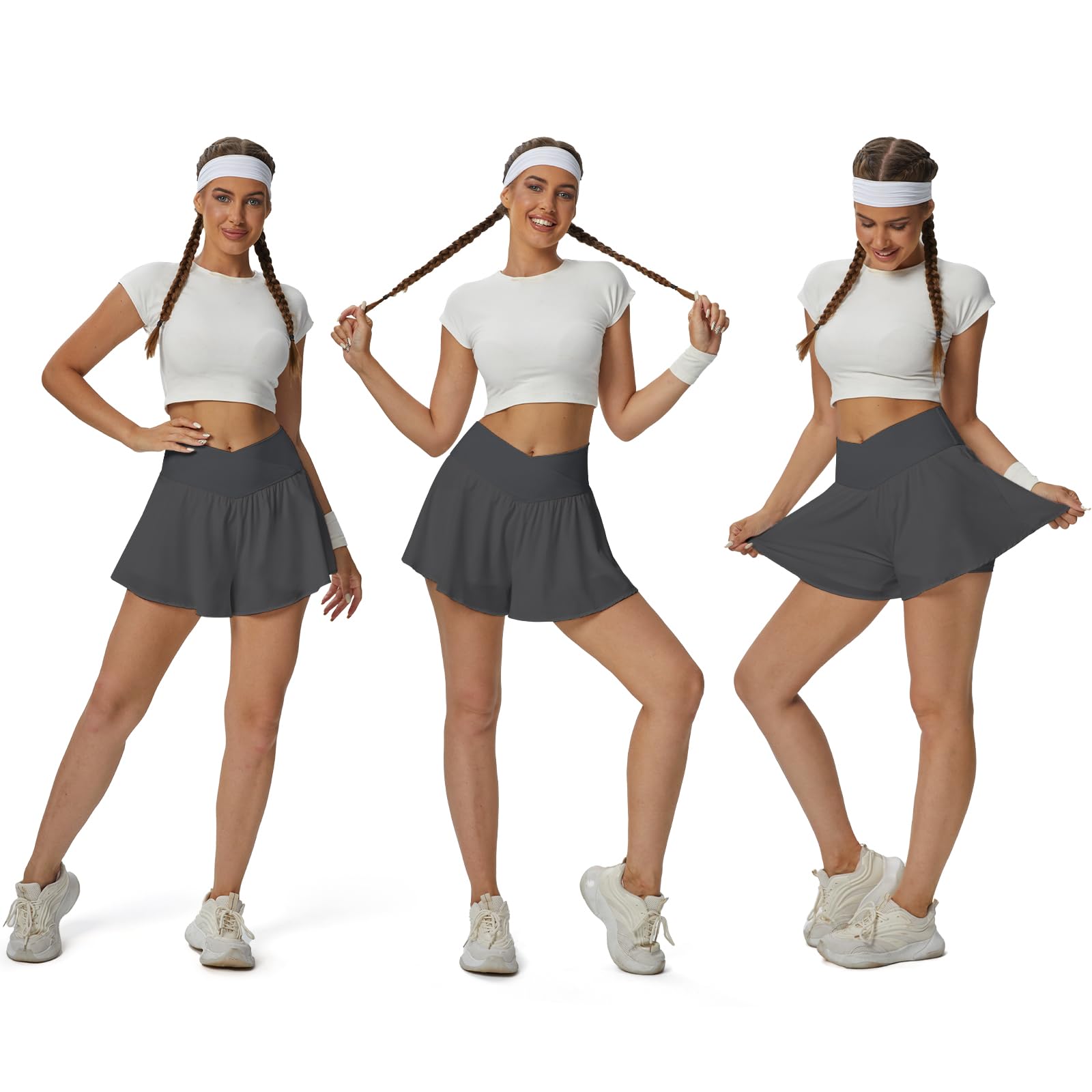 Women's 2-in-1 Crossover Flowy Athletic Shorts - Butterfly Running Shorts & Tennis Skort with Pockets for Gym, Workout & Outdoor Activities