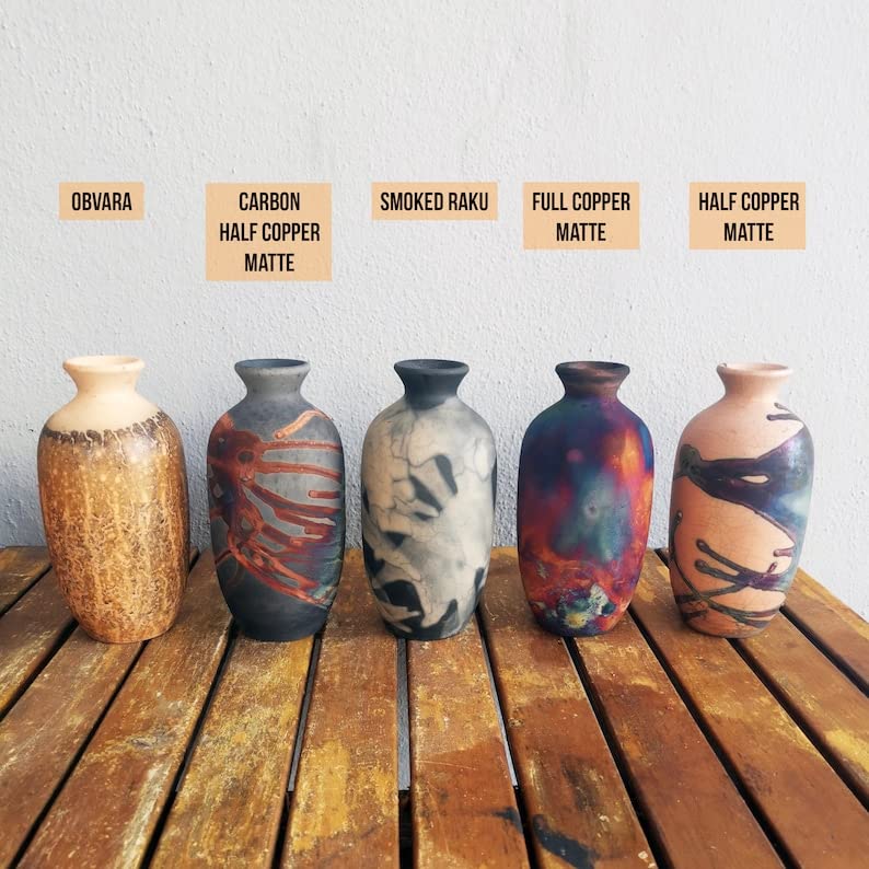 RAAQUU 2 Pack 7 Inch Handmade Ceramic Raku Vase Set - Boho Home Decor, Unique Pottery Gift for Women, Mom, Bridesmaid Wedding Present - Perfect for Living Room, Bedroom & Wedding Decorations
