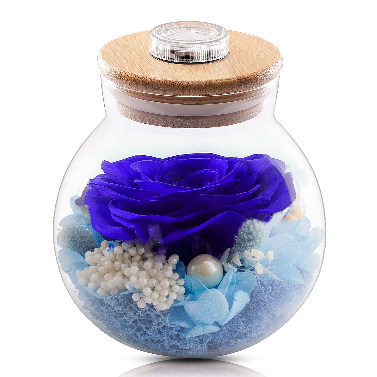 Blue Preserved Real Roses in Glass with Colorful LED Light - Eternal Flower Gift for Mother's Day, Birthday, Women, Mom & Grandma - Perfect for Home Decor, Romantic Surprise & Special Occasions