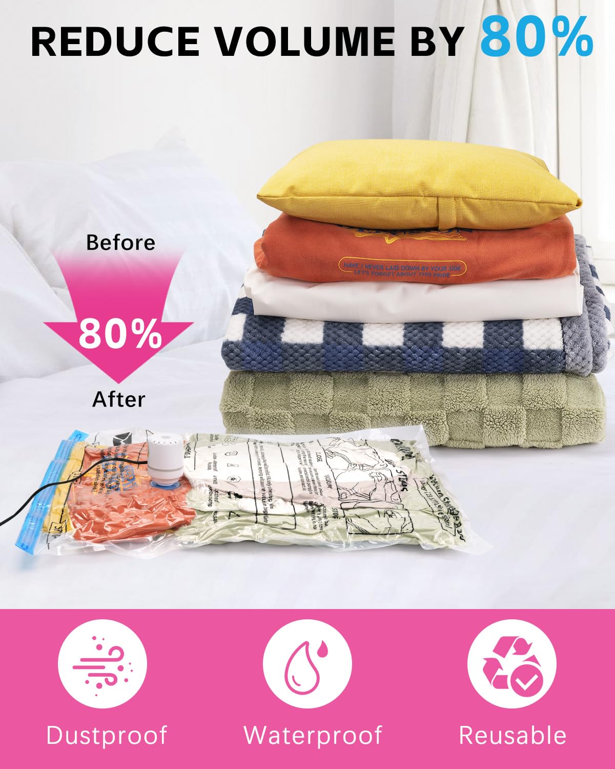 Colemoly 12 Pack Vacuum Storage Bags with Electric Air Pump - Space Saving Vacuum Seal Bags for Clothes, Travel, Moving & Home Organization (4 Jumbo, 4 Large, 4 Medium) | Ideal for Seasonal Clothing Storage, Travel Packing & Moving Supplies