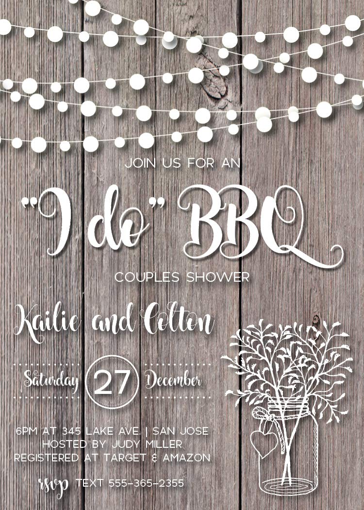 Rustic I Do BBQ Shower Invitations for Couples - Wood & Mason Jar Design with String Lights | Wedding Shower Invites | Perfect for Outdoor BBQ, Engagement Parties & Country-Themed Celebrations