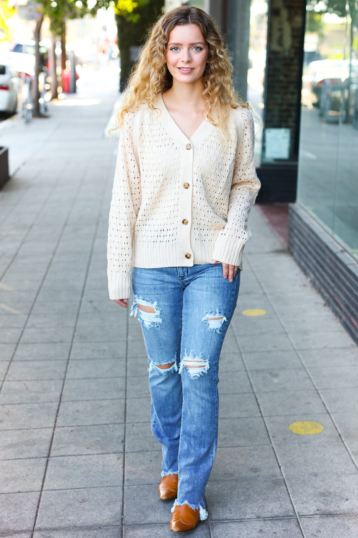 Follow Me Oatmeal Pointelle Knit Button Down Cardigan - Cozy Women's Sweater for Fall & Winter | Perfect for Office, Date Night & Casual Outfits
