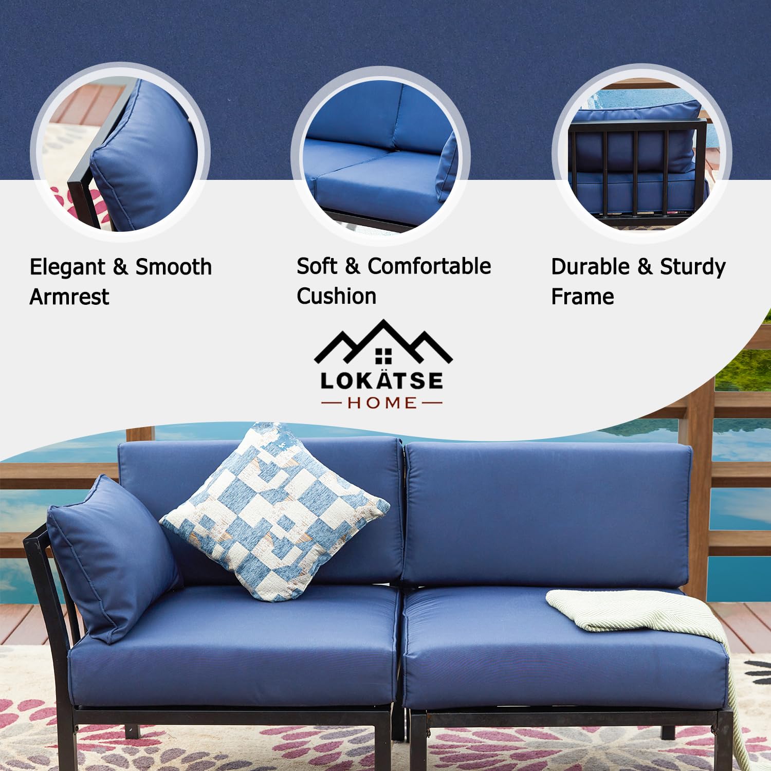 LOKATSE HOME 2-Piece Outdoor Patio Furniture Set - Blue Waterproof Wicker Conversation Chairs with Corner Sofa & Armless Loveseat | Perfect for Backyard, Poolside & Garden Relaxation