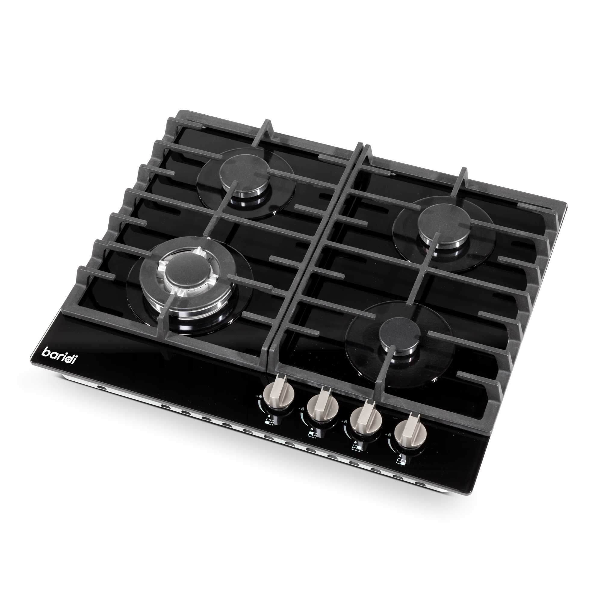 Baridi 60cm Built-In Gas on Glass Hob - 4 Burner with Cast Iron Pan Supports, Black Glass - Perfect for Modern Kitchens & Home Cooking (Model DH226)