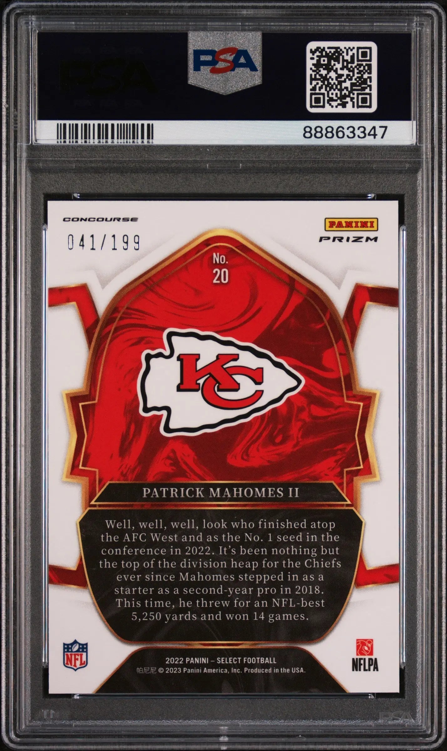2022 Panini Select Football Patrick Mahomes II Blue Prizm PSA 10 041/199 - Rare Collectible Trading Card for NFL Fans & Sports Memorabilia Collectors - Perfect for Display, Investment & Fantasy Football Enthusiasts