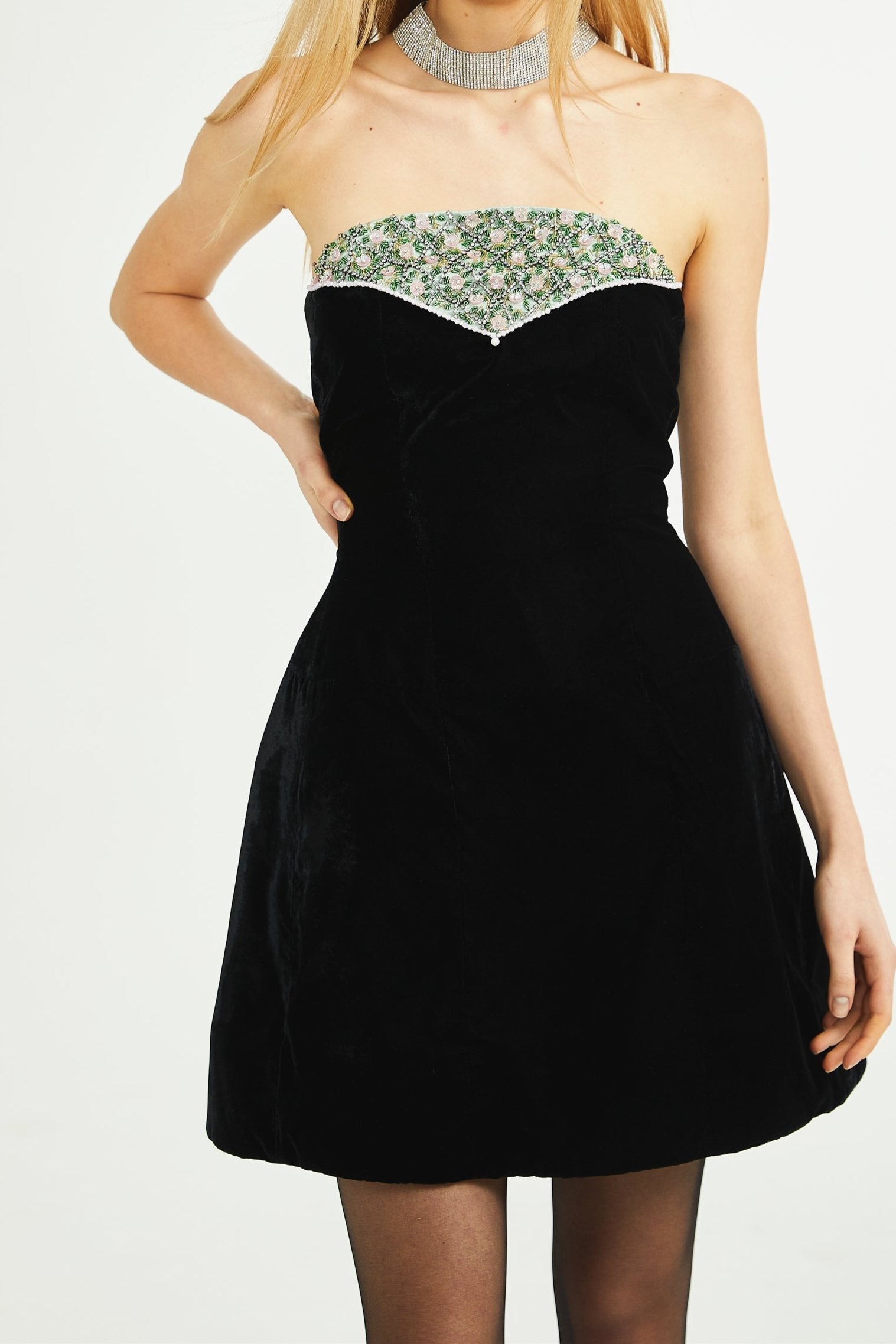 Céline Crystal Embellished Velvet Dress for Women - Elegant Evening Gown for Parties, Weddings & Special Occasions