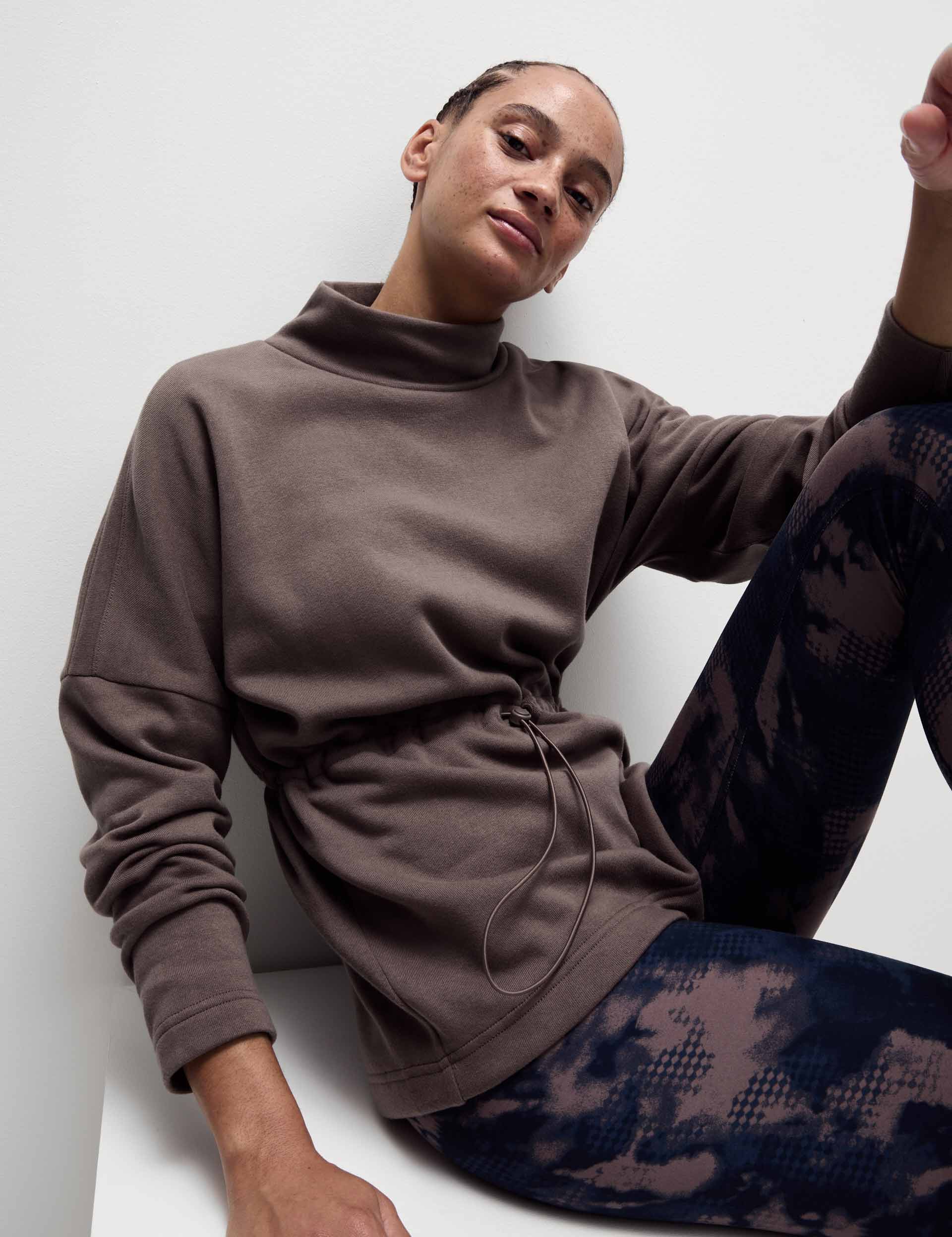 Premium Cotton Rich Brushed Funnel Neck Sweatshirt for Women - Soft & Cozy Taupe Pullover for Casual Wear, Lounge & Fall Outfits