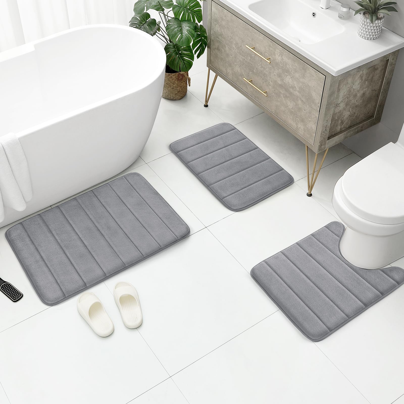 BYSURE Grey Memory Foam Bathroom Rug Set - 3 Piece Non-Slip, Super Soft & Absorbent Bath Mats - Machine Washable Toilet Mats for Bathroom Floor - Perfect for Bathrooms, Showers & Vanity Areas
