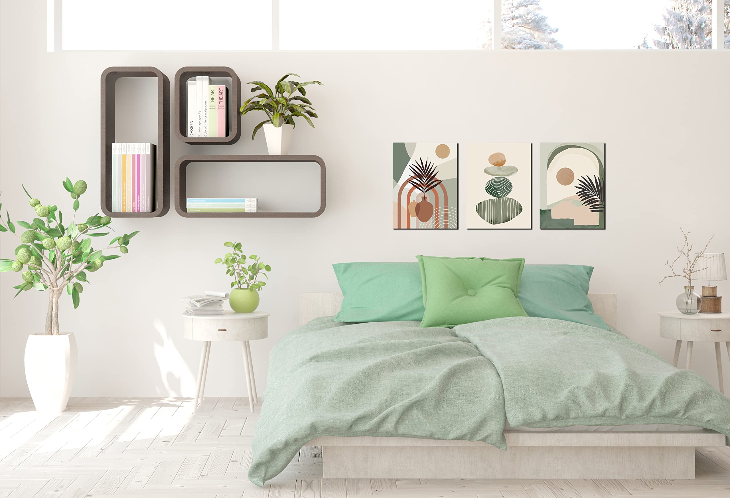 Boho Wall Art Decor Set of 3 - Green Canvas Paintings for Bedroom, Living Room & Office - 16x12 Inch Framed Ready to Hang Abstract Nature Artwork - Perfect for Home Decor, Housewarming Gifts & Interior Design