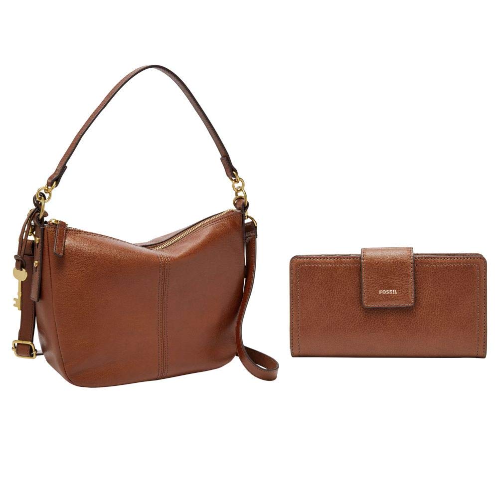Fossil Women's Jolie Leather Crossbody Handbag & Logan Faux Leather RFID Wallet Set - Brown - Perfect for Work, Travel & Everyday Use