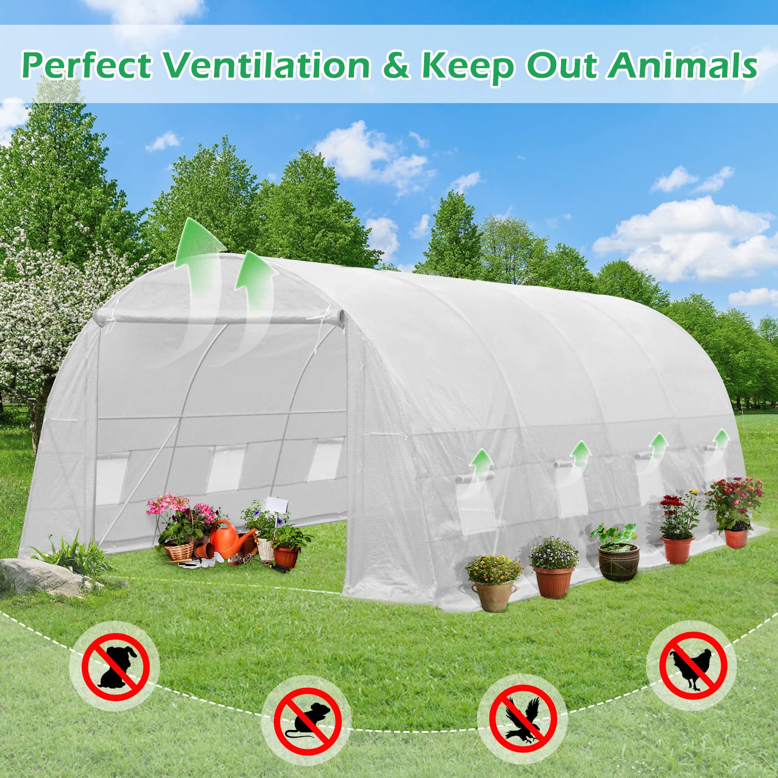 MELLCOM 20x10x7ft Large Walk-in Greenhouse Tent - Heavy Duty Reinforced Frame with 8 Screen Windows for Gardening, Plant Growing & Outdoor Use | Perfect for Backyard, Patio & All-Season Gardening (White)