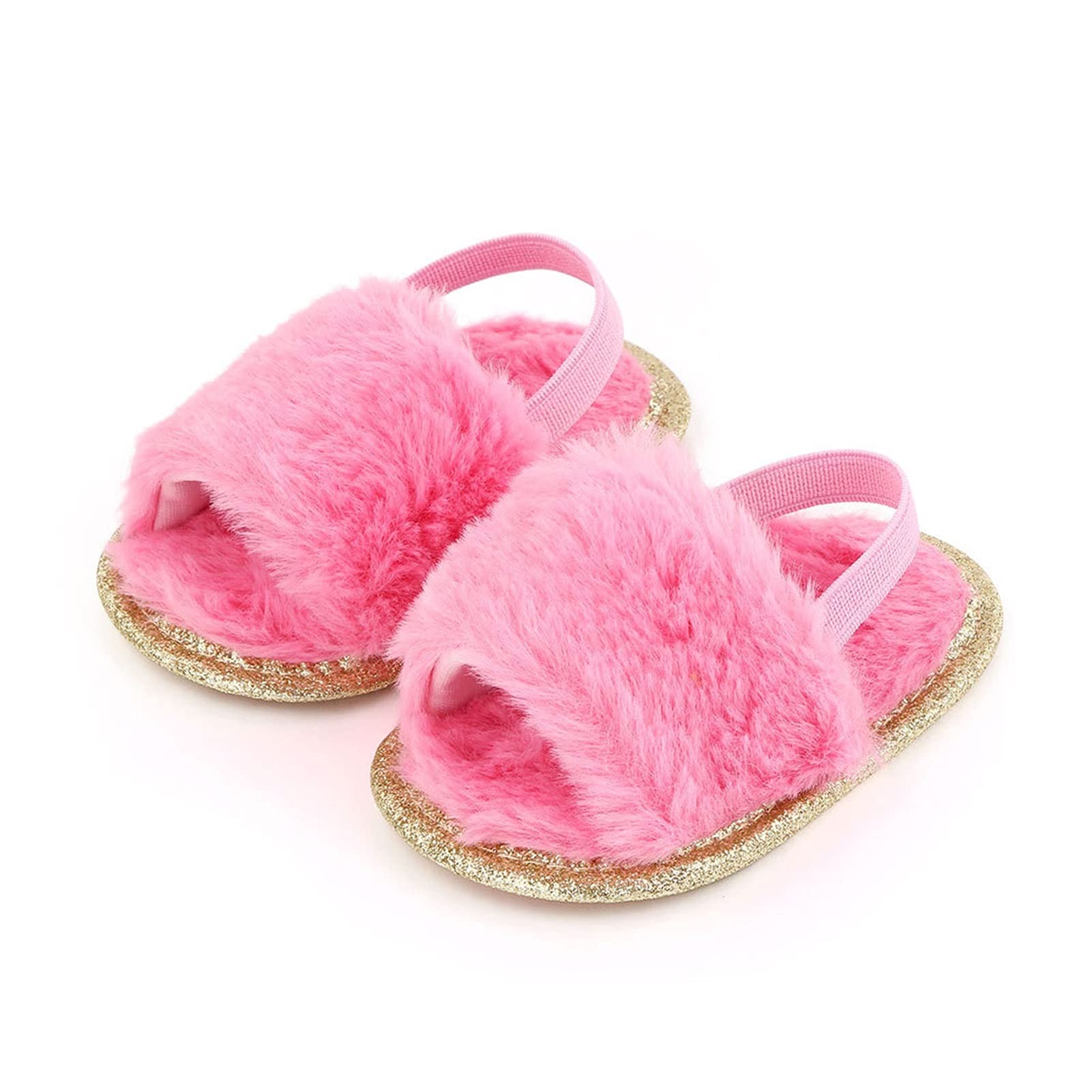 Soft Plush Faux Fur Baby Girls' Slippers - Warm Fuzzy Toddler Shoes with Elastic Back Strap | Non-Slip Indoor/Outdoor Slippers for Infants (Gradient Pink, Size 3-6) | Perfect for Playtime, Nursery & Winter Comfort