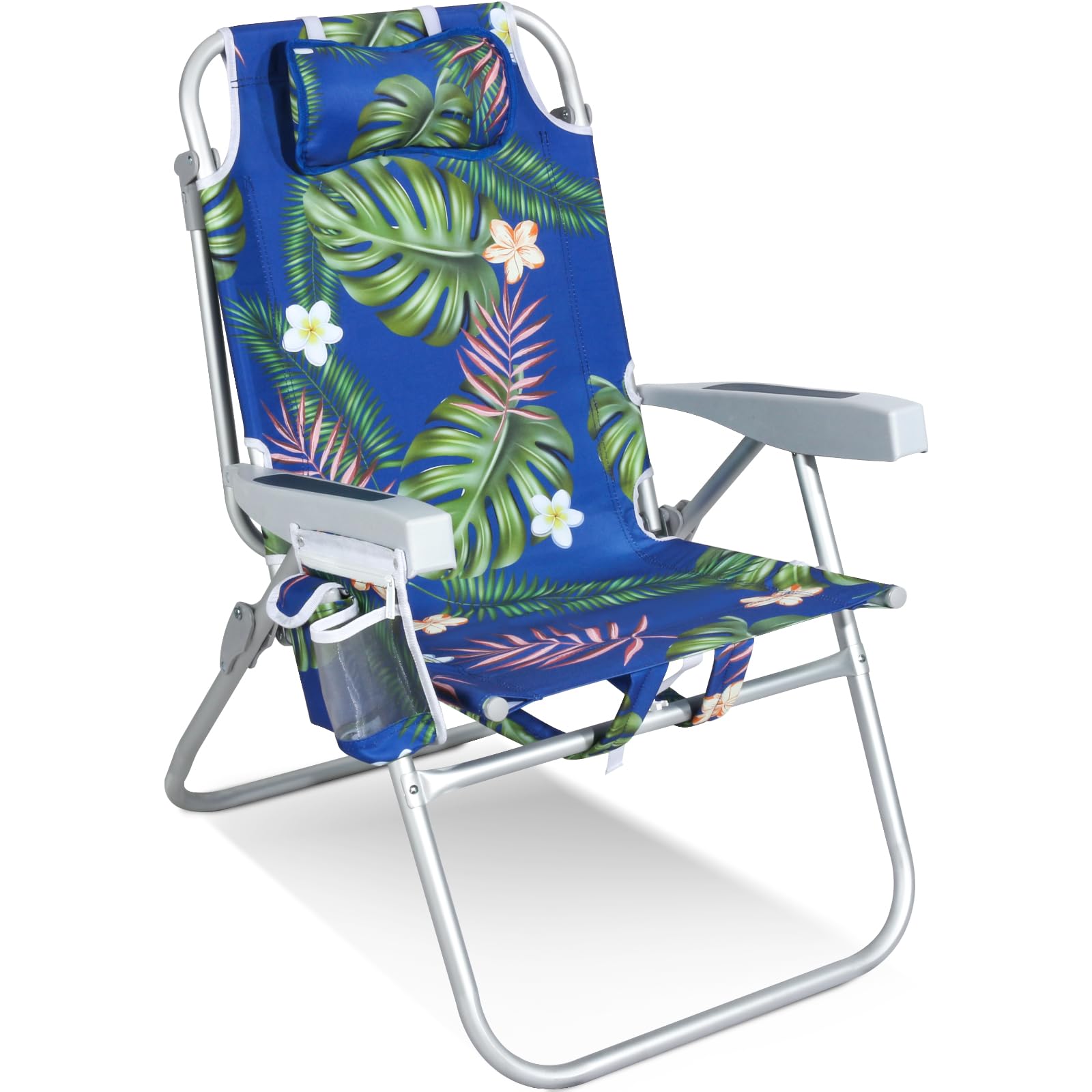 Best Tall Beach Chairs for Adults - 5-Position Reclining Backpack Chair with Large Insulated Cooler & Storage Pocket, Durable Aluminum Frame, Portable Folding Design for Travel, Camping & Outdoor Activities, Supports 300lbs - Tropical Palm Print for Beach, Poolside & Backyard Relaxation