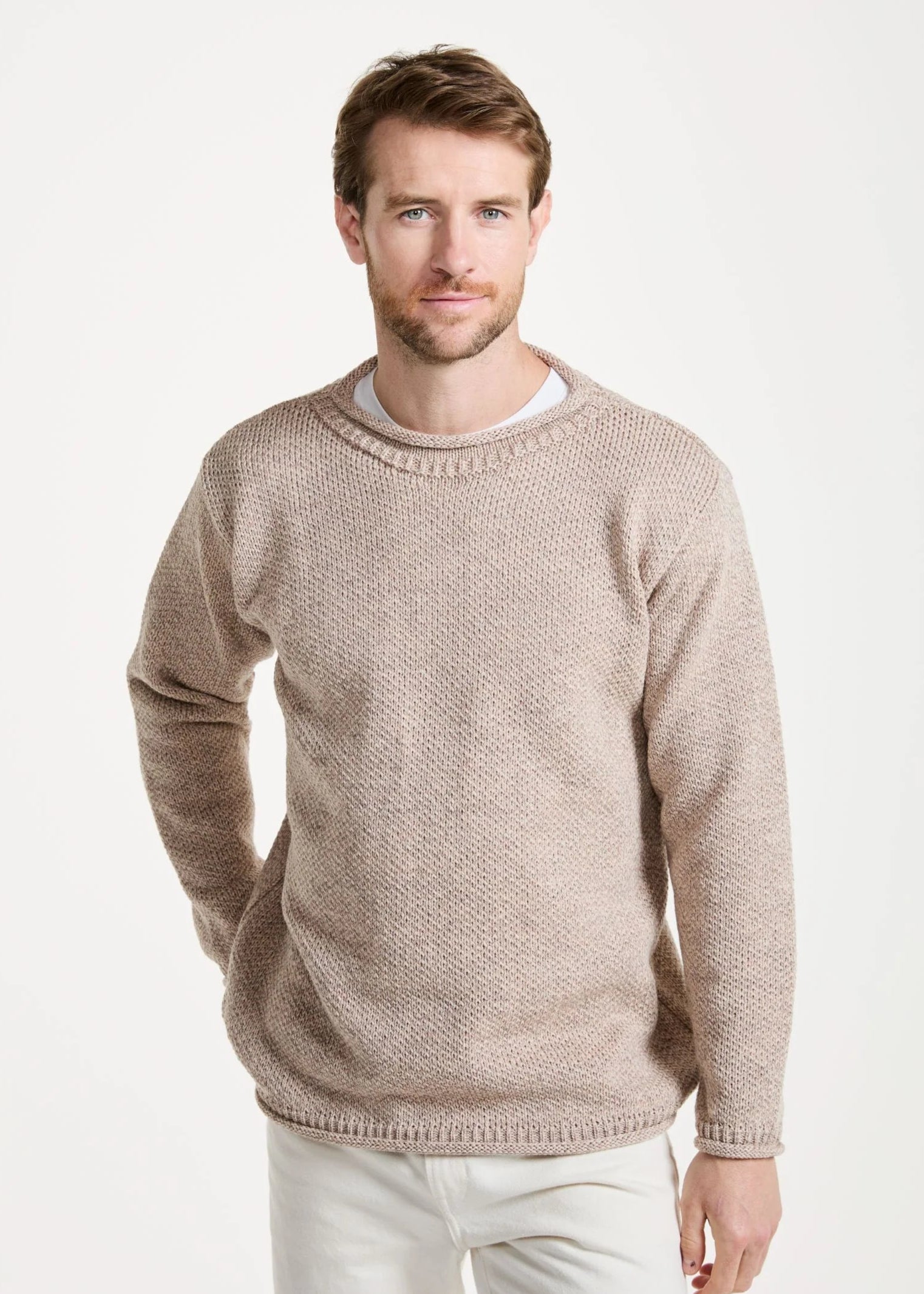 Aran Roll Neck Sweater for Women - Soft Oatmeal Color Irish Wool Knitwear | Perfect for Winter, Fall & Casual Outfits