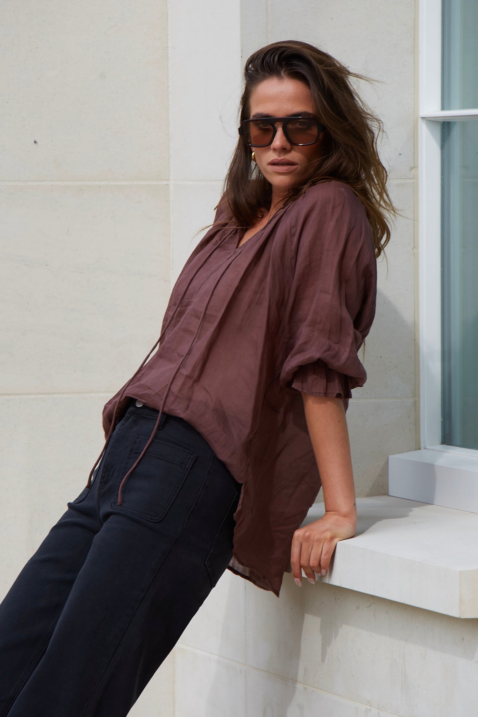 Expedition Chocolate Ramie Shirred Neck Short Sleeve Top - Breathable Summer Blouse for Outdoor Adventures & Casual Wear