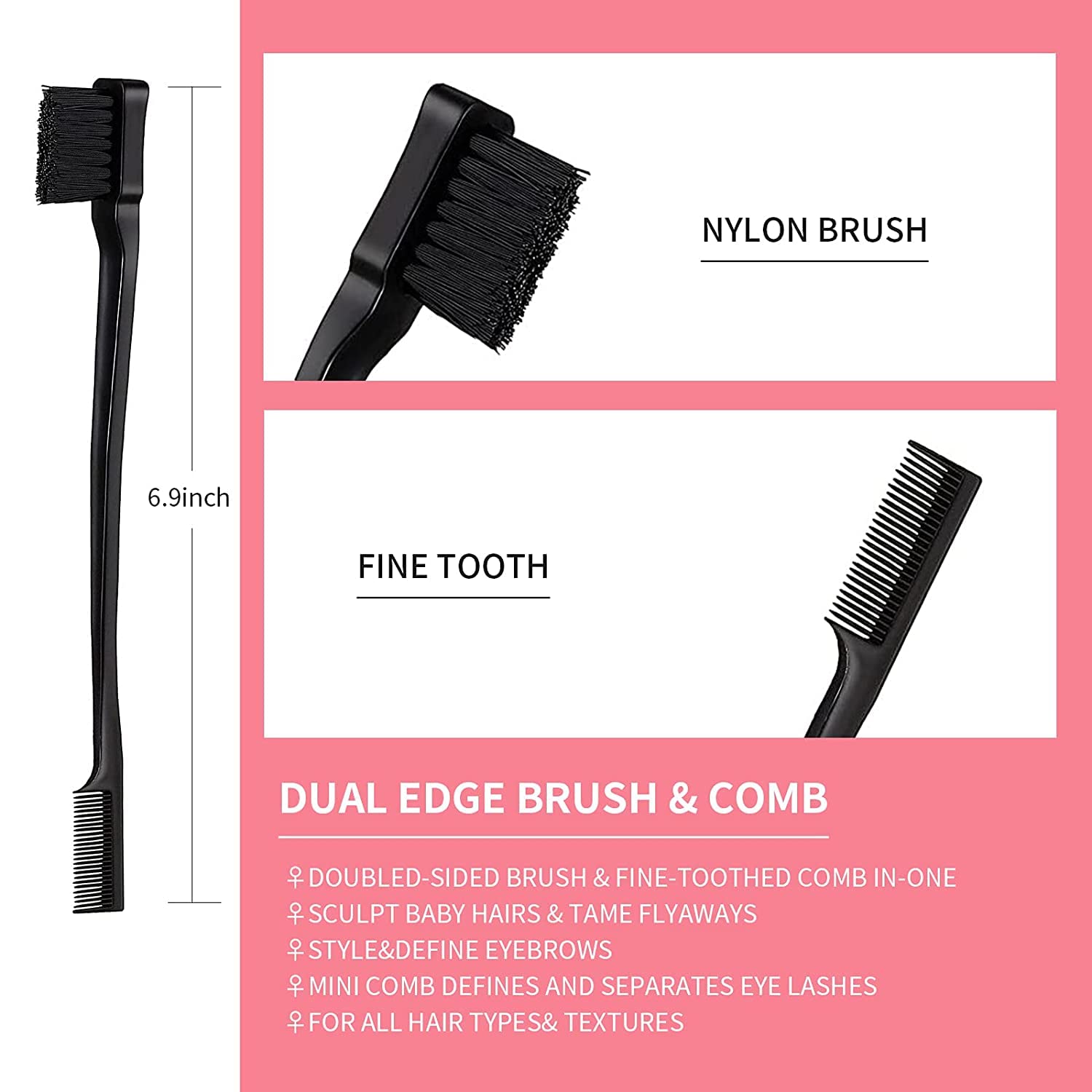 3-Piece Hair Styling Comb Set - Teasing Brush, Rat Tail Comb & Edge Brush for Smoothing, Styling & Detangling - Perfect for Women's Hair Care & Salon Use (Black) - Great for Updos, Ponytails & Edge Control
