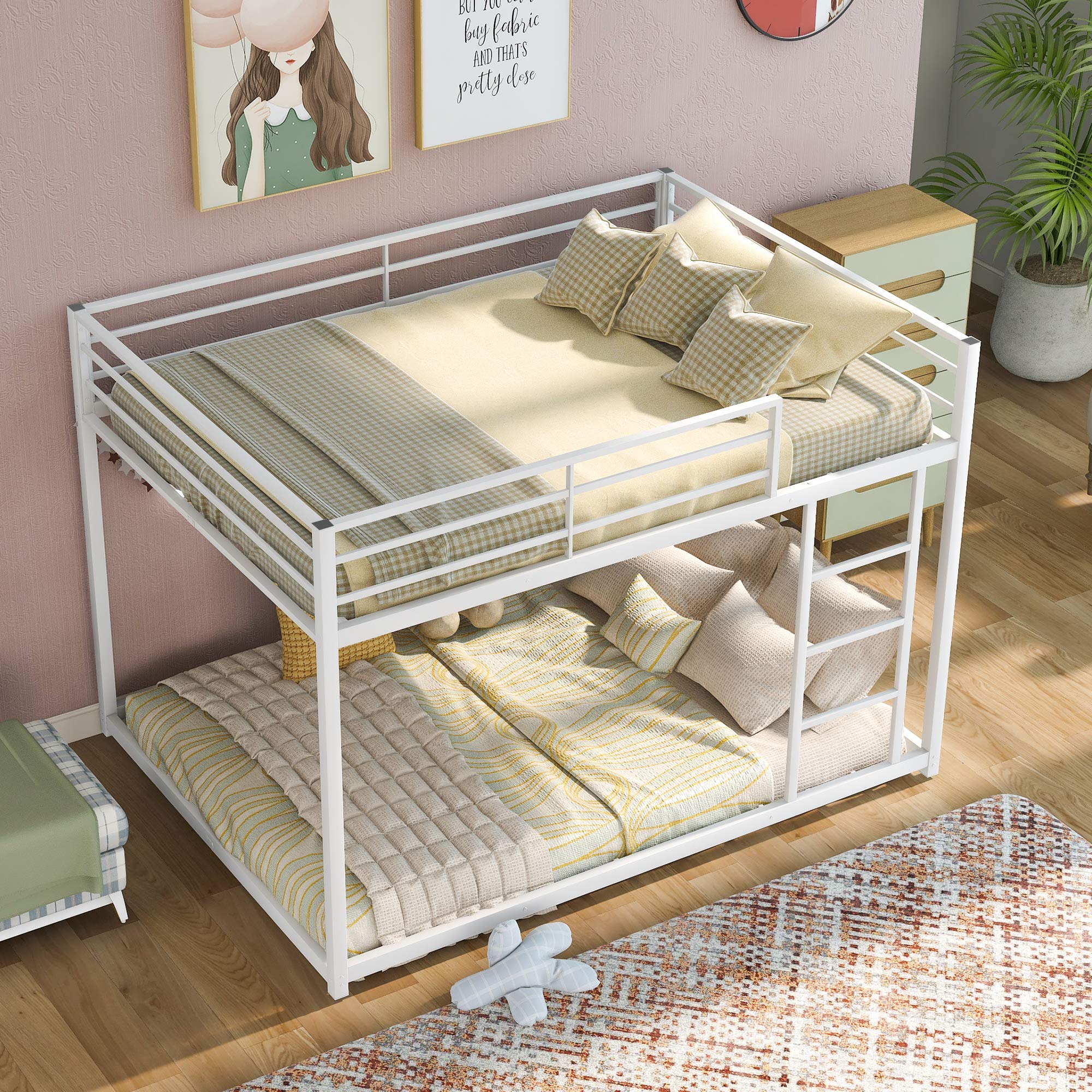 Sturdy Metal Bunk Bed Frame with Safety Rails & Flat Ladder - Full Size Low Profile Bunk Bed for Kids, Teens & Adults - No Box Spring Needed (White) - Perfect for Dorm Rooms, Kids' Bedrooms & Space-Saving Home Solutions