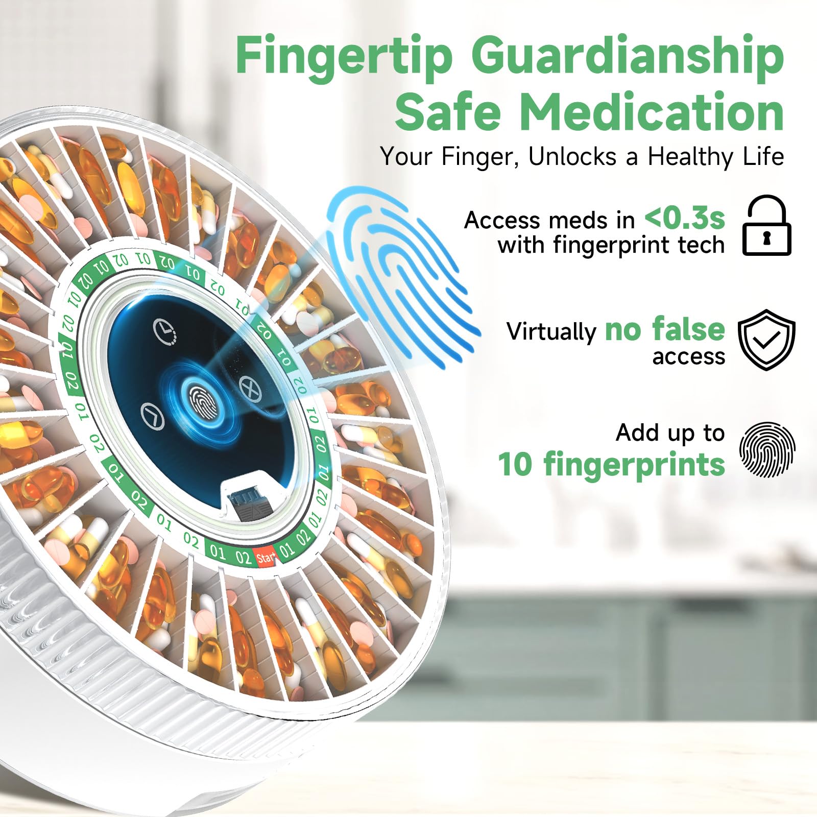 Zoksi Premium 31-Slot Automatic Pill Dispenser with Fingerprint & Key Lock - Smart Medication Organizer with Alarm & LED Light - Electronic Pill Box for Elderly & Memory Care - Perfect for Daily Medication Management & Travel (Green)