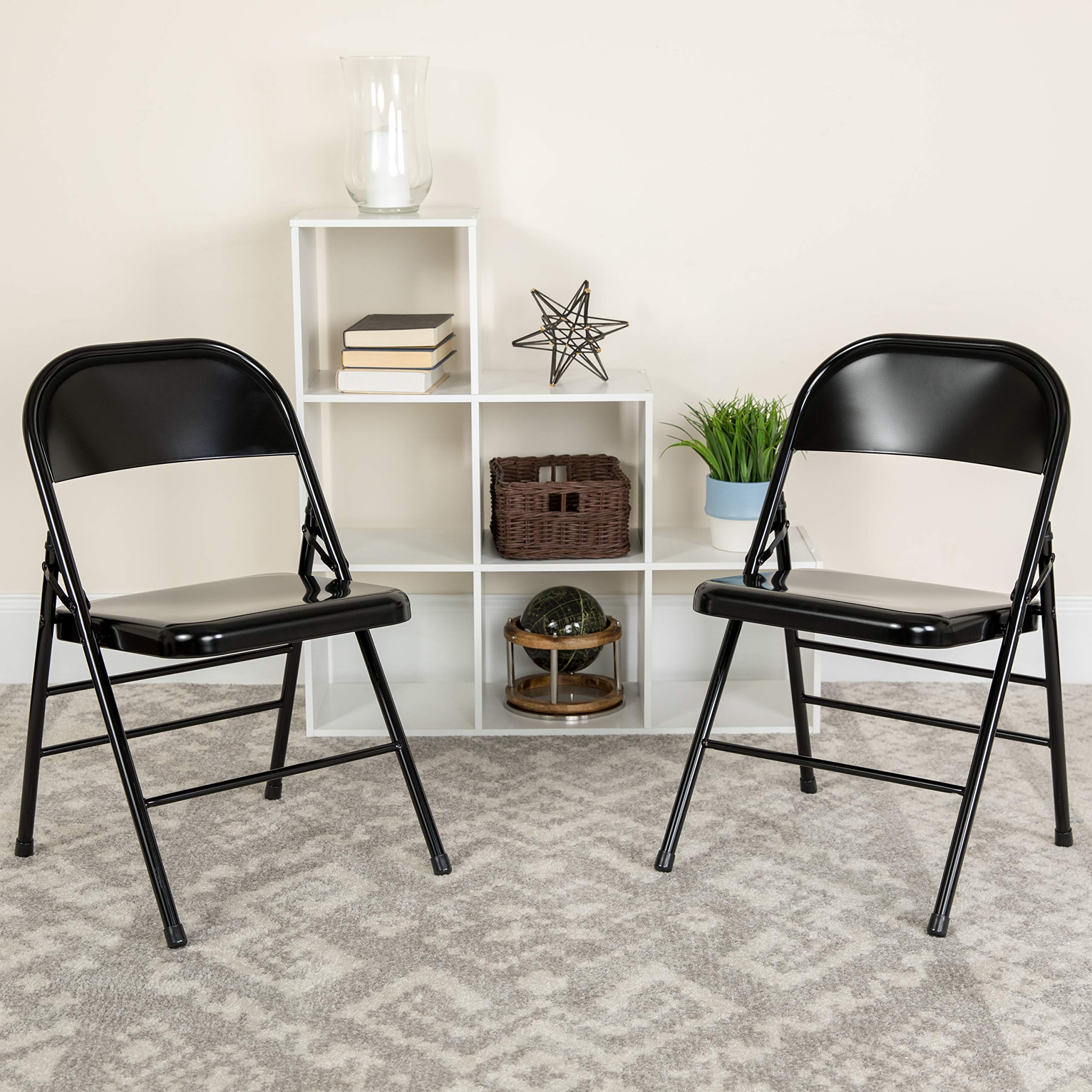 EMMA + OLIVER 2 Pack Heavy Duty Black Metal Folding Chairs - Triple Braced & Double Hinged for Stability, Indoor Outdoor Use for Parties, Weddings, Events & Camping