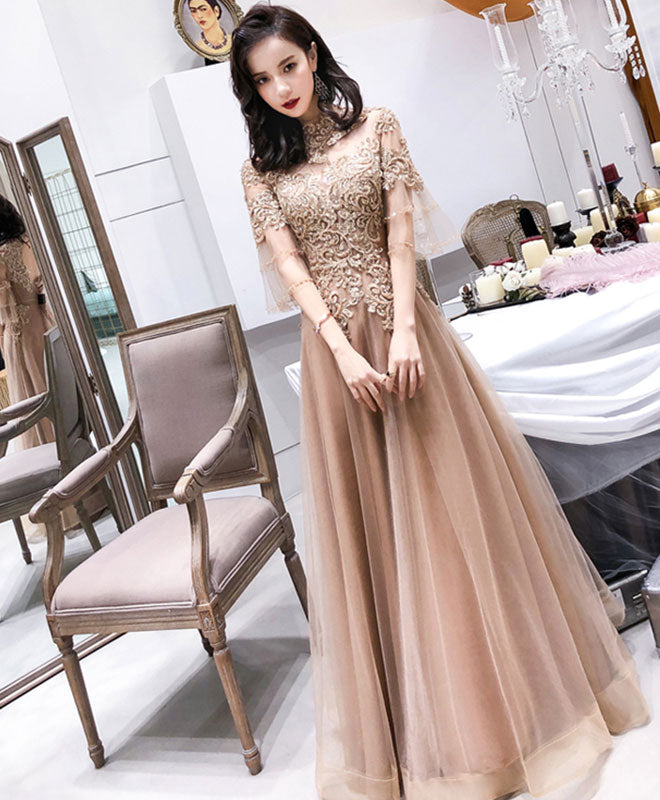 Elegant Champagne High Neck Tulle Lace Long Prom Dress - Formal Evening Gown for Homecoming, Ball, Wedding & Special Occasions