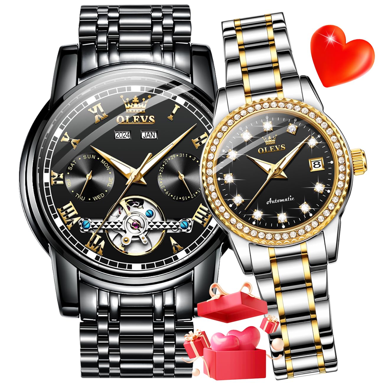 OLEVS Automatic Couple Watches Set - His and Hers Matching Romantic Wristwatches for Men & Women | Perfect for Anniversaries, Weddings, and Valentine's Day Gifts