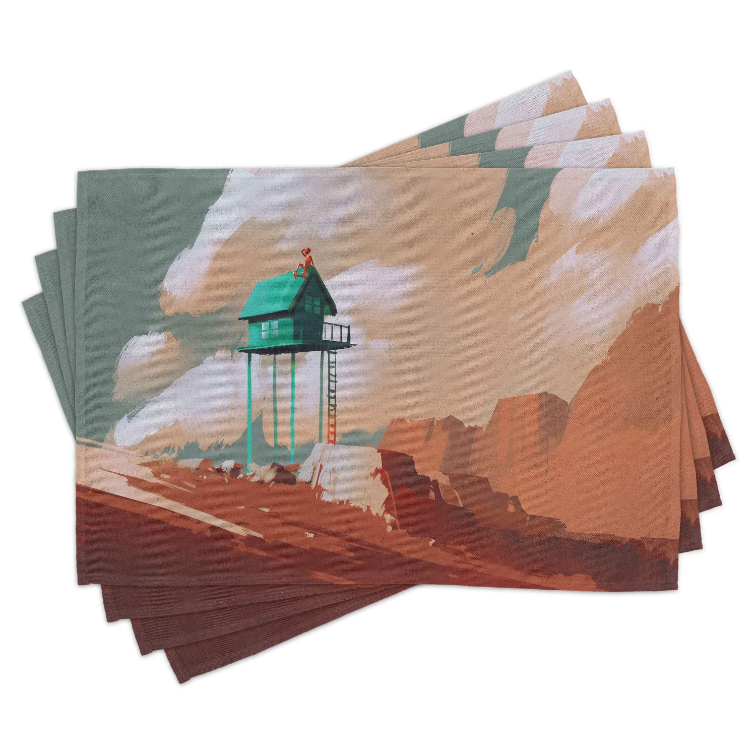 Ambesonne Fantasy Place Mats Set of 4 - Little Wood House on Stone Hill with Robot on Cloudy Roof, Calming Artwork Print Washable Fabric Placemats for Dining Room & Kitchen Table Decor in Tan Green - Perfect for Family Dinners, Parties, and Home Decor