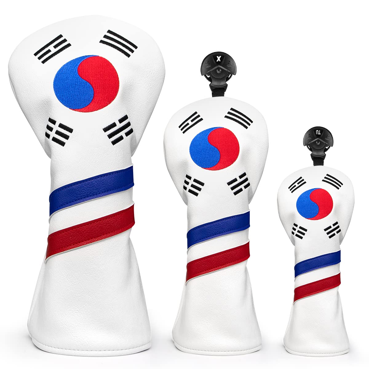 Premium Leather Golf Club Head Covers - White with South Korea Flag Design | Driver, Fairway Wood & Hybrid Covers for Titleist, Callaway, Taylormade | Durable Protection for Golf Clubs | Perfect for Golf Tournaments, Practice & Travel