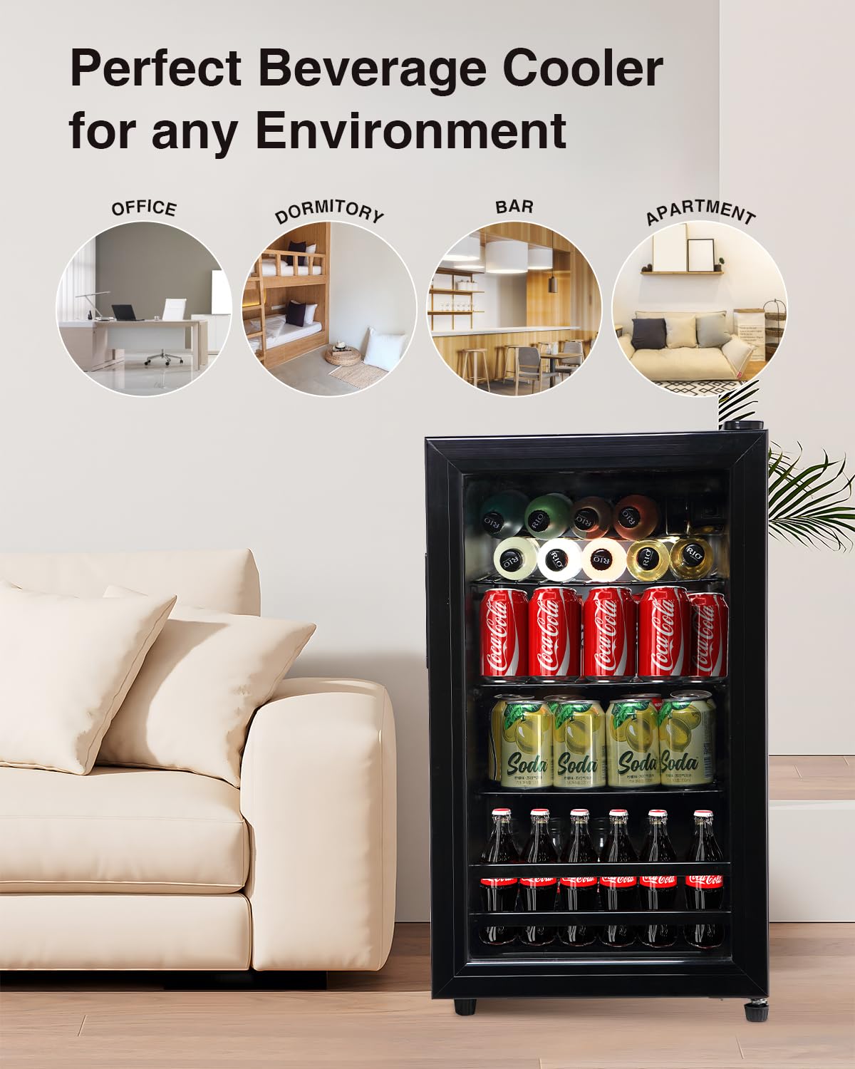 FLB-60 120 Can Freestanding Beverage Cooler Refrigerator with Glass Door - Compact Drink Dispenser for Office, Bar, Home - Adjustable Removable Shelves, Black - Perfect for Parties, BBQs and Entertaining Guests