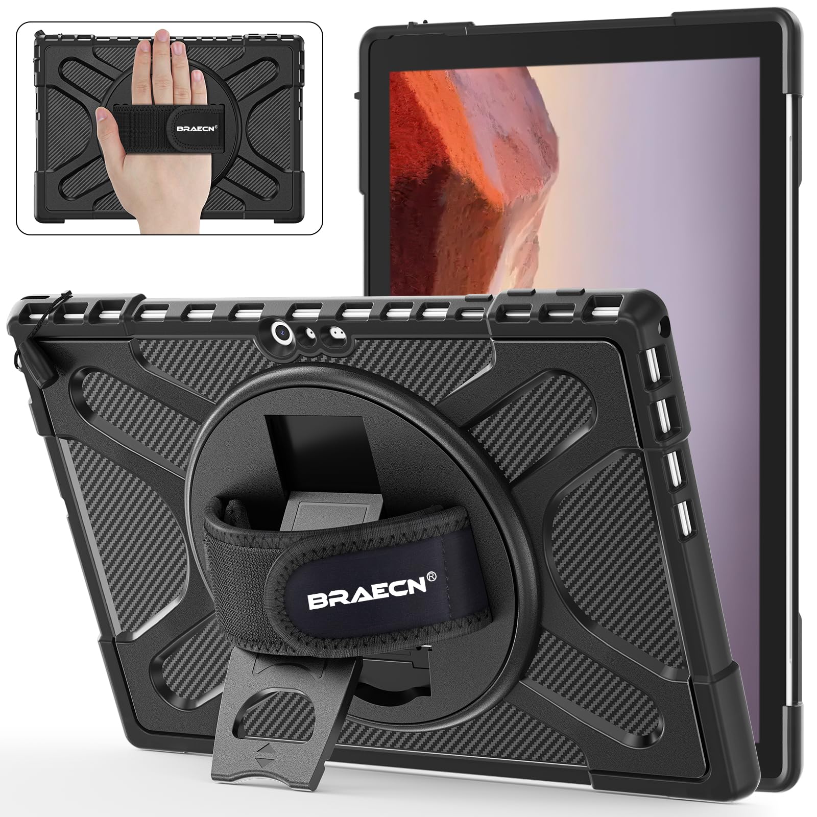 BRAECN Shockproof Rugged Case for Microsoft Surface Pro 7+/7/6/5/4 (12.3 inch) - Protective Cover with Hand Strap, Stand & Pencil Holder | Compatible with Type Cover Keyboard | Black | Perfect for Work, Travel & School