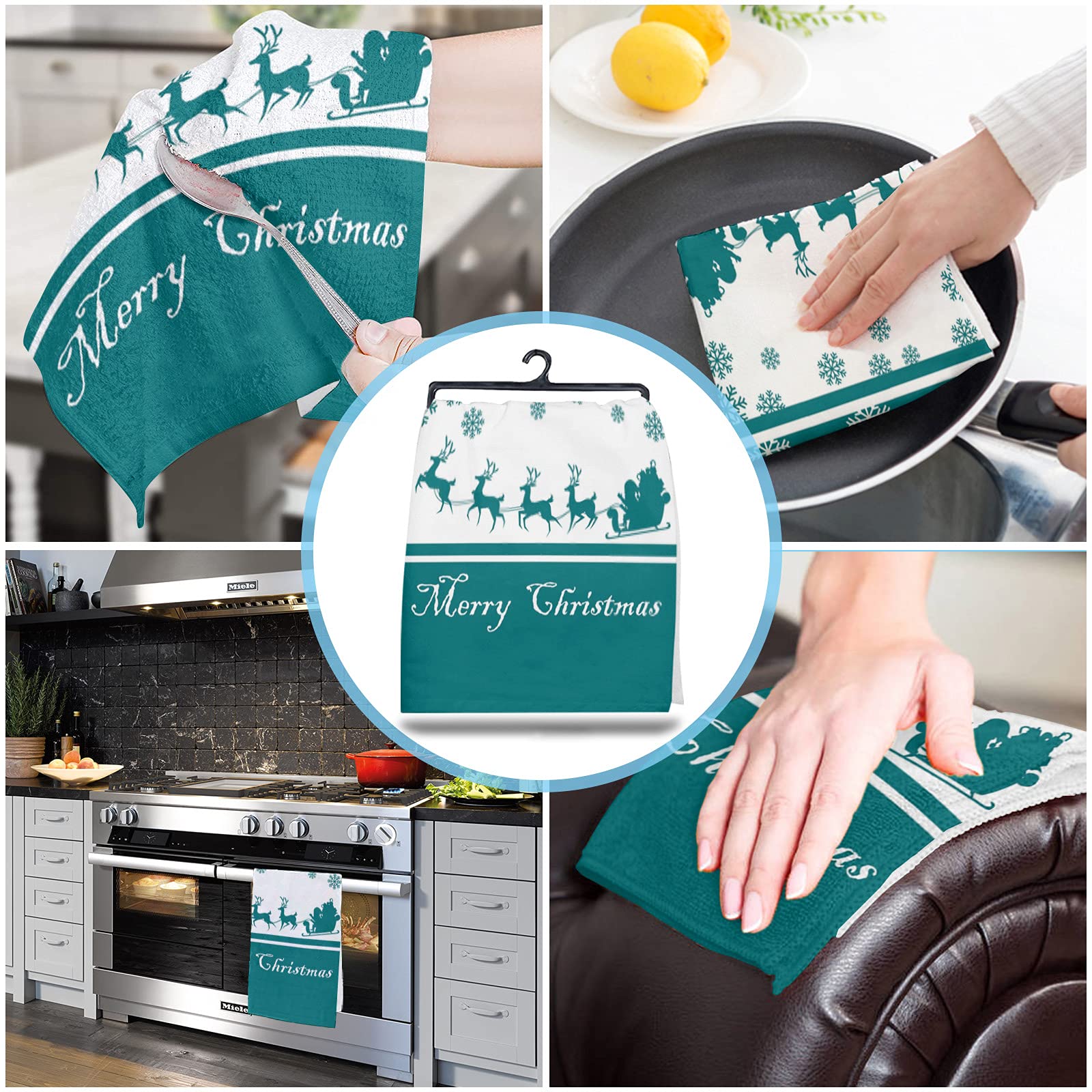 Christmas Snowflake Reindeer Teal Microfiber Kitchen Towels - Super Absorbent & Machine Washable Dish Towels (18