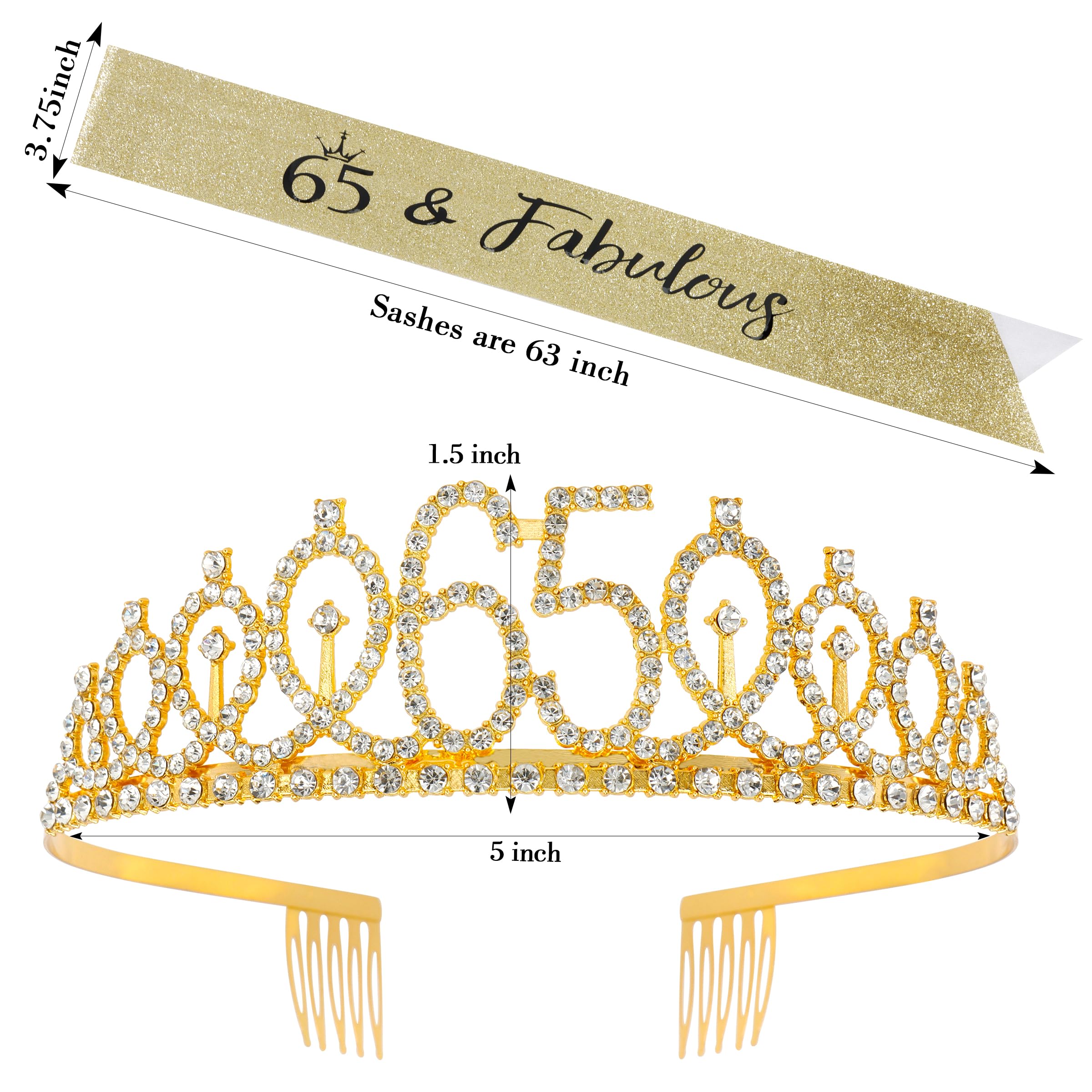 65th Birthday Sash & Tiara Set - Gold Rhinestone Crown & 