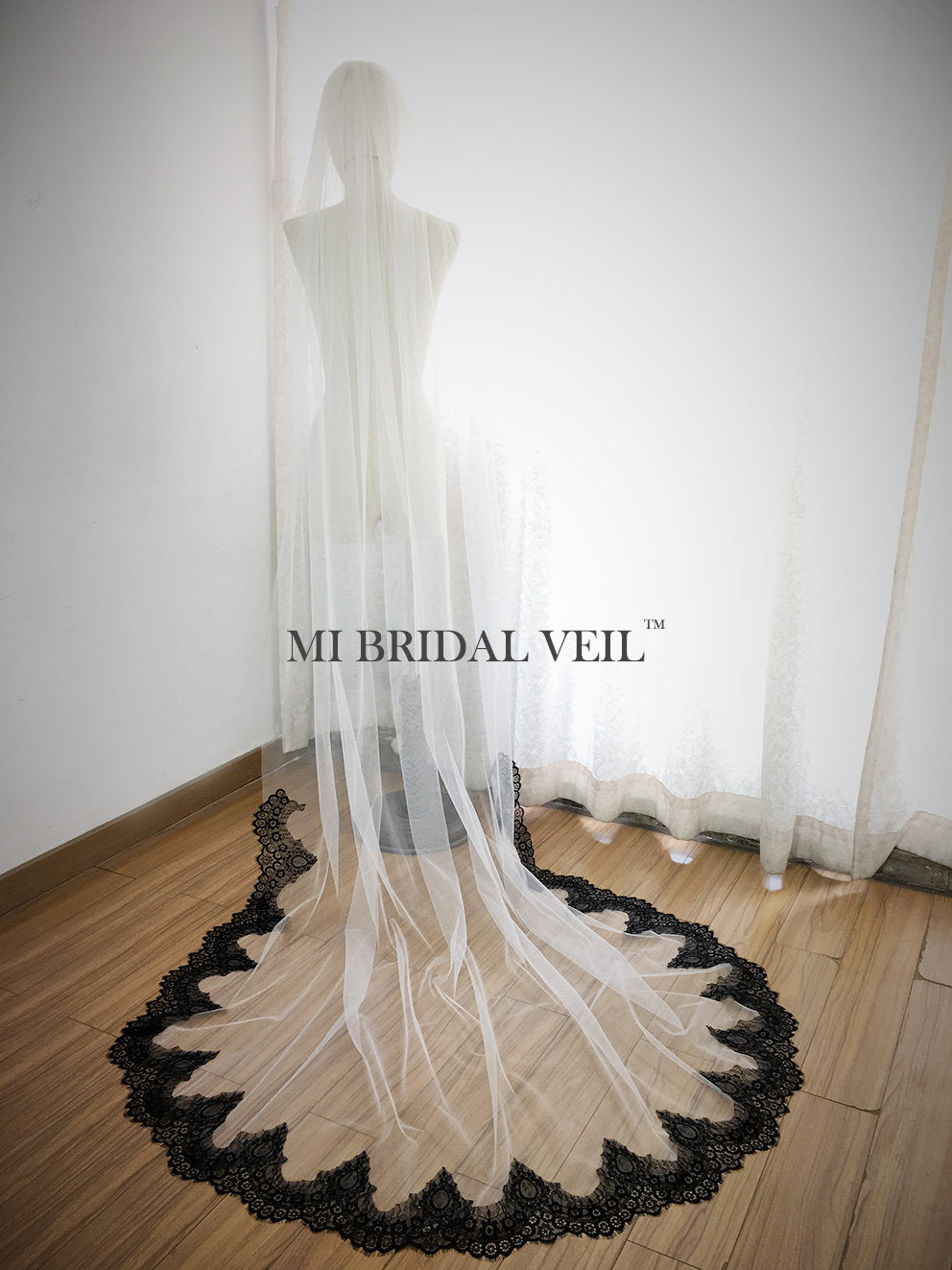 Elegant Black Lace Cathedral Wedding Veil with Delicate Bottom Lace Trim - Perfect for Bridal Dresses, Formal Weddings & Romantic Ceremonies