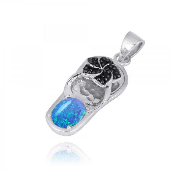Blue Opal & Black Spinel Hibiscus Flower Flip Flop Pendant Necklace - Tropical Beach Jewelry for Summer Vacations & Pool Parties