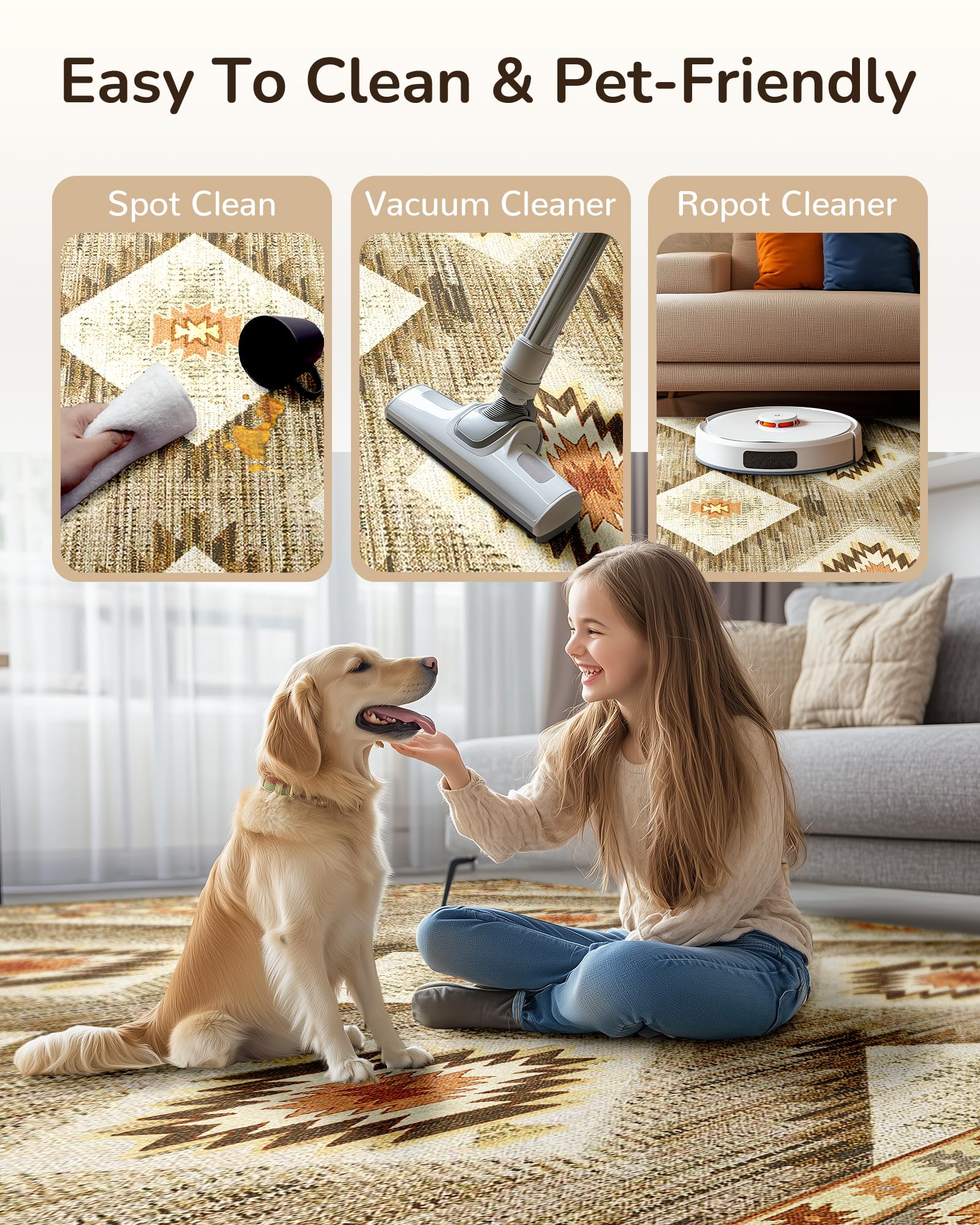 BESTSWEETIE 8x10 Machine Washable Non-Slip Low Pile Area Rug - Western & Aztec Print Pattern for Living Room, Bedroom, Entryway - Cream/Camel - Perfect for Home Decor, Dorm, Office & High Traffic Areas