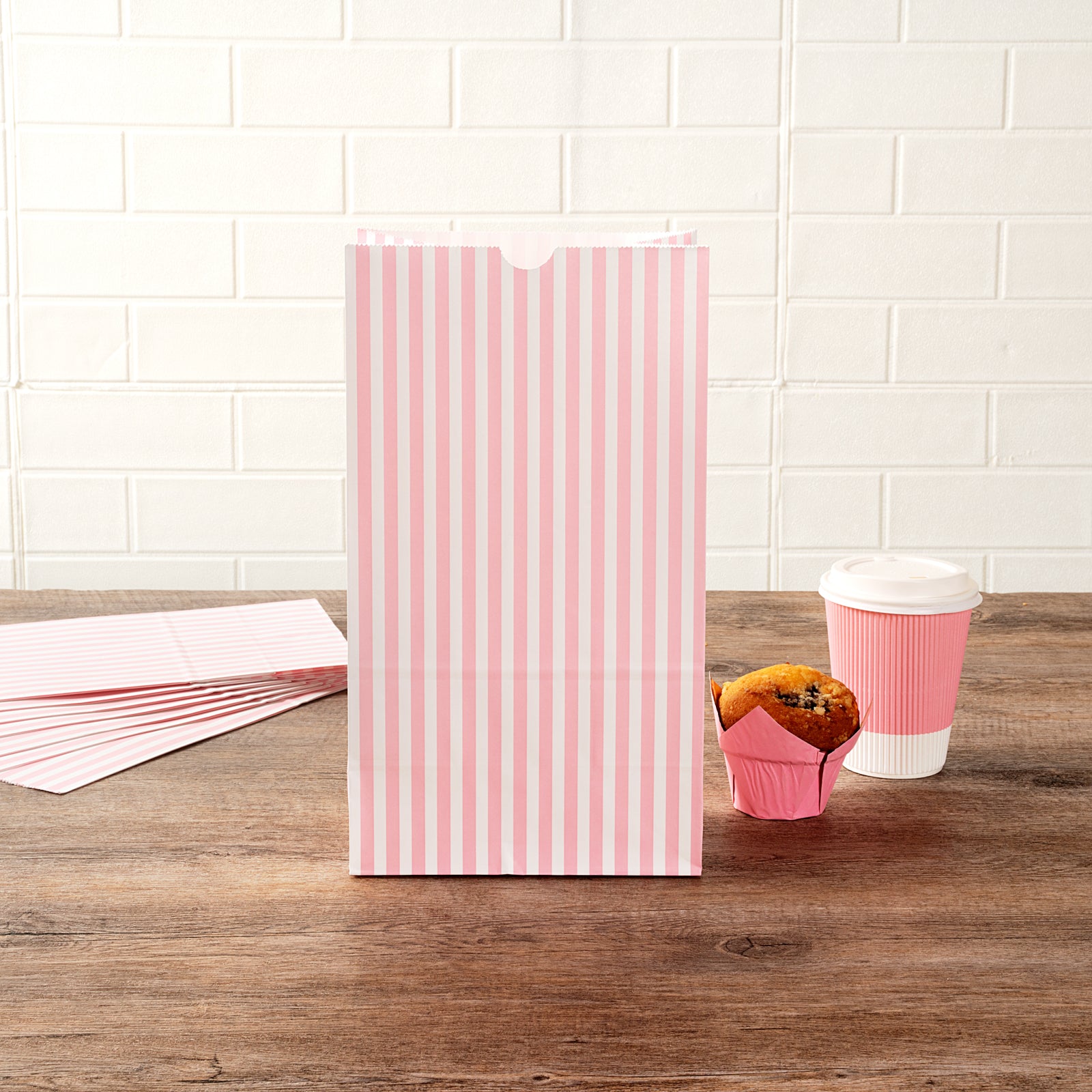 Pink and White Striped Paper Bags - 12 lb, 7 x 4.25 x 12.5 Inches - 100 Count Box - Perfect for Party Favors, Gift Packaging, and Retail Shopping Bags