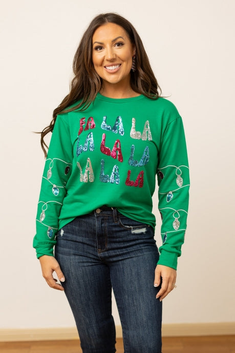 Fa La La Sequins Green Sweater - Festive Holiday Party Wear for Women | Christmas & New Year Outfit