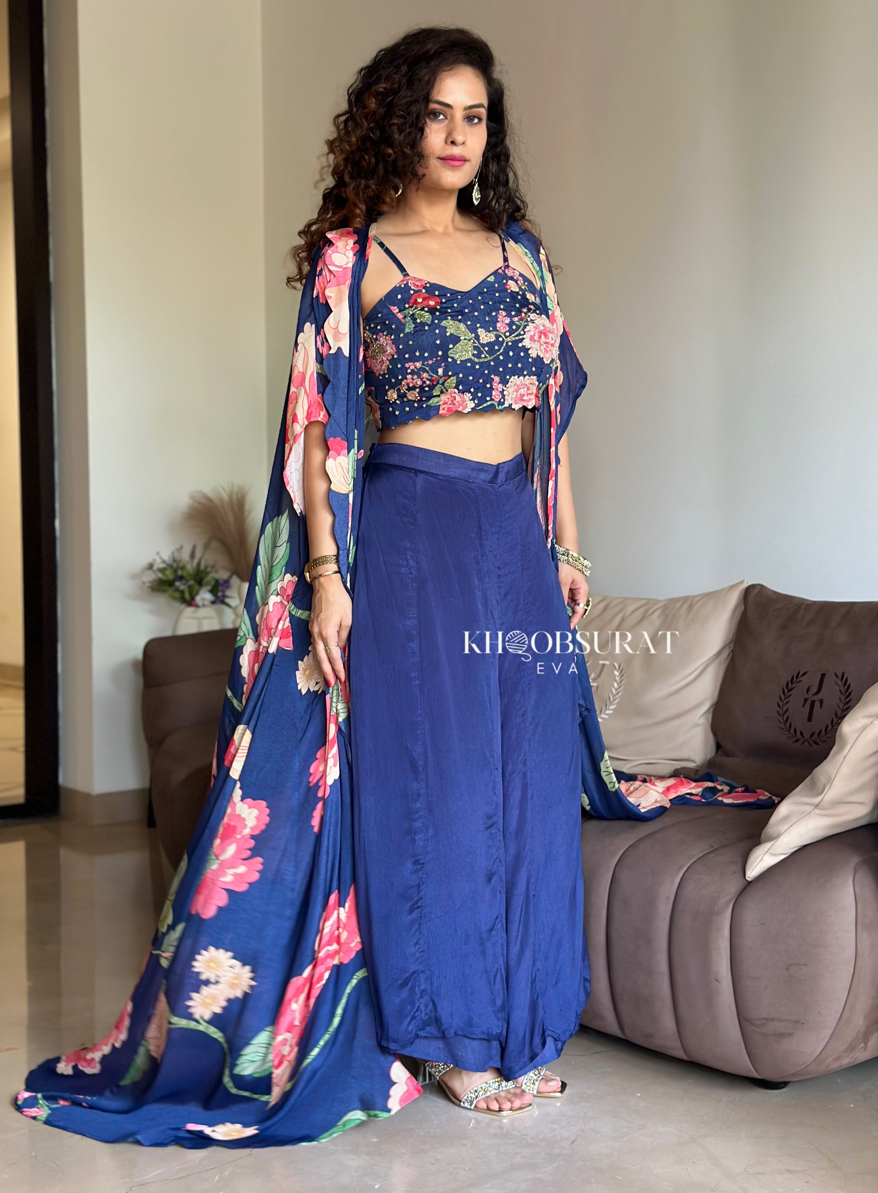 Sparkly Blue Sequin Crop Top with Matching Jacket & Palazzo Pants Set - Perfect for Parties, Night Out, and Special Occasions
