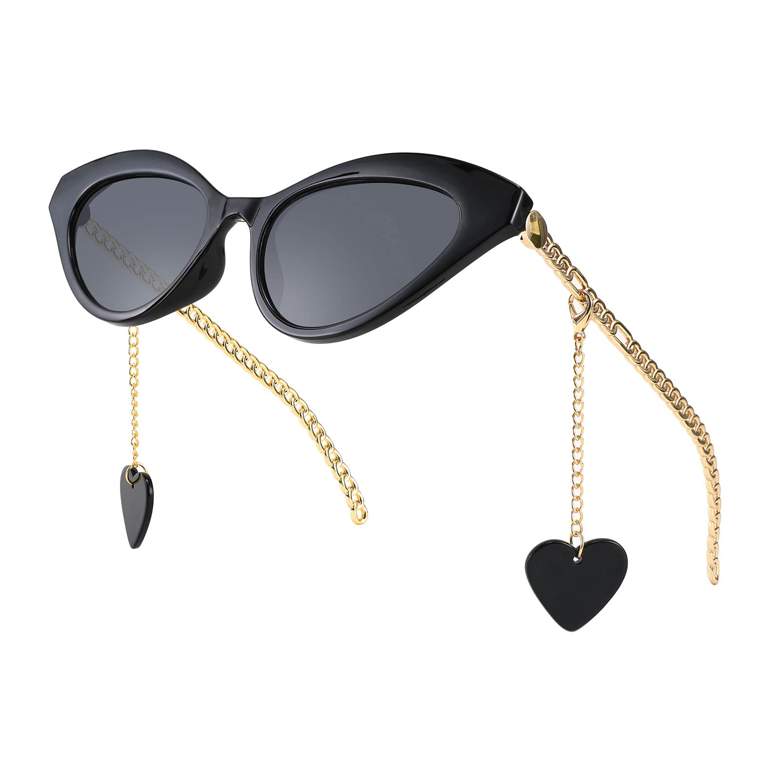 FEISEDY Women's Fashion Narrow Cat Eye Sunglasses with Metal Chain & Heart Pendant - Trendy Cute Funky Sunglasses for Women B2233 | Perfect for Summer Outfits, Beach Vacations & Fashion Accessories