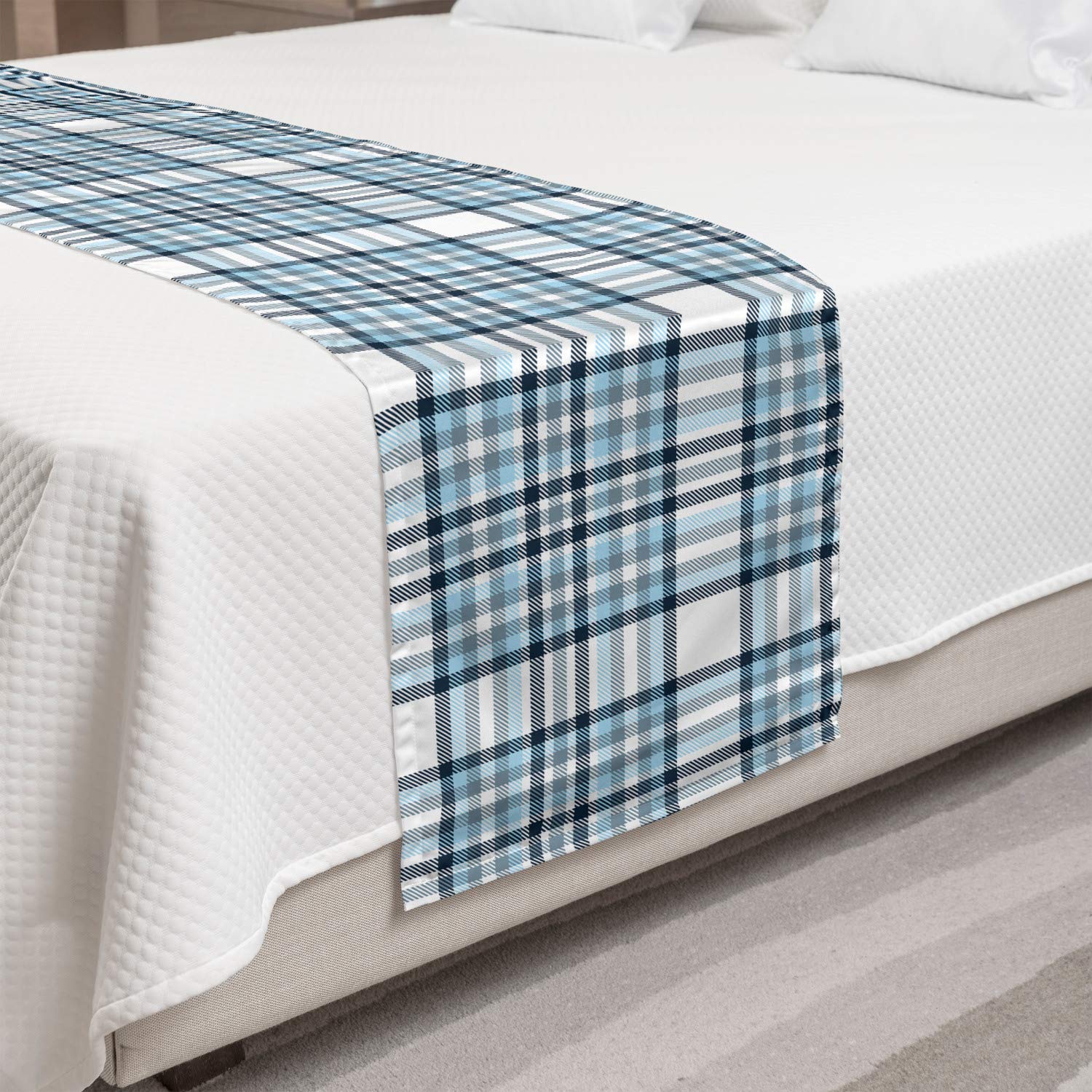 Ambesonne Plaid Bed Runner - Traditional Line Square Tile Pattern on Plain Background, Decorative Bed Scarf for Hotels, Homes & Guest Rooms - White & Blue Grey - Perfect for Bedroom Decor, Sofa Throw or Wedding Gift