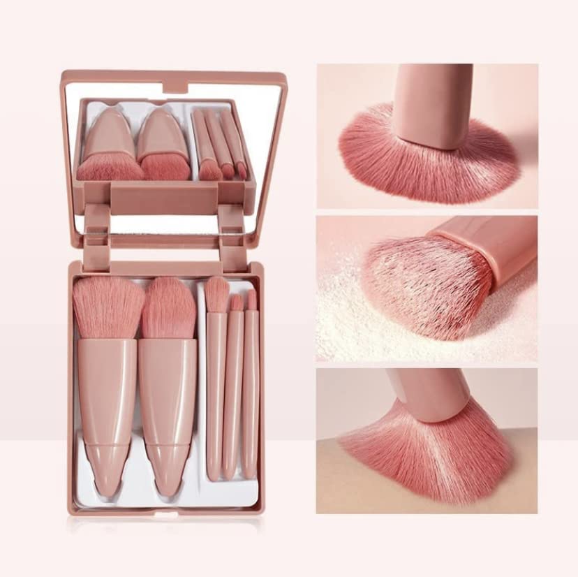Bajajbeauty 5-Piece Professional Makeup Brush Set with Travel Case & Built-in Mirror - Portable Cosmetic Brushes for Eyeshadow, Powder, Foundation, Blush - Perfect for Travel, Home Makeup & Professional Use