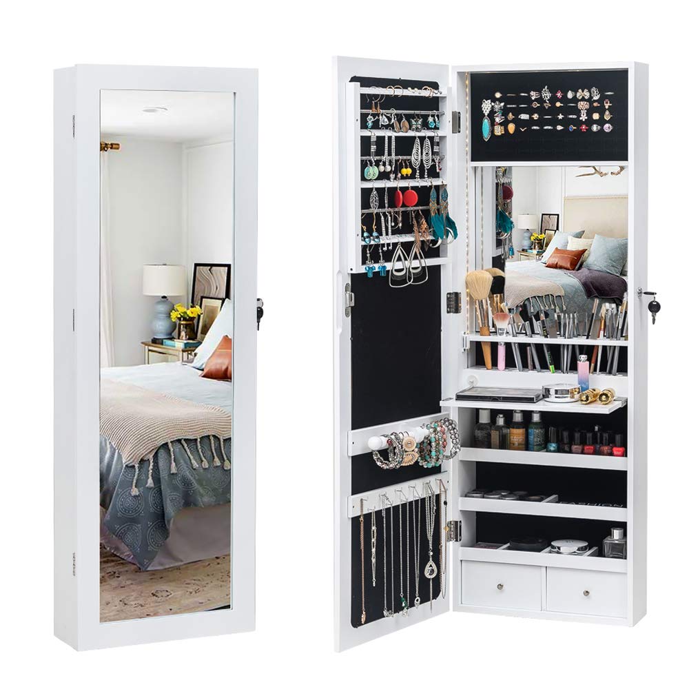 Bonnlo Lockable Jewelry Cabinet with 95 LED Lights - Wall Mount Jewelry Armoire with Mirror, Large Storage Organizer for Necklaces, Rings & Earrings | Perfect for Bedroom, Closet & Dressing Room Organization