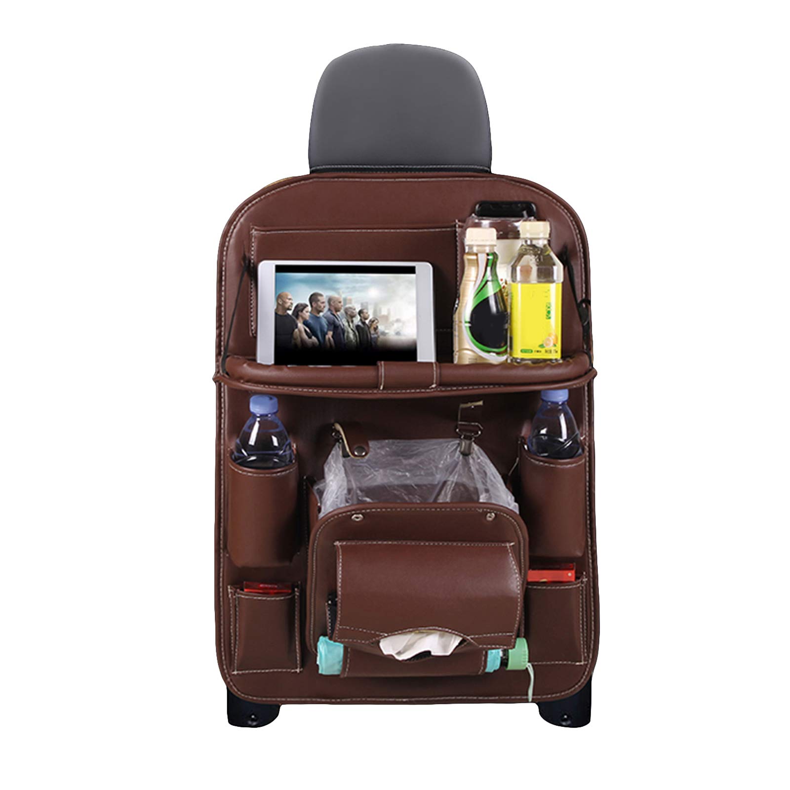 Car Organizer for Backseat - PU Leather Storage with Folding Tray & Trash Bag | Seat Back Protector for Kids & Baby | Perfect for Road Trips, Family Travel & Daily Commute