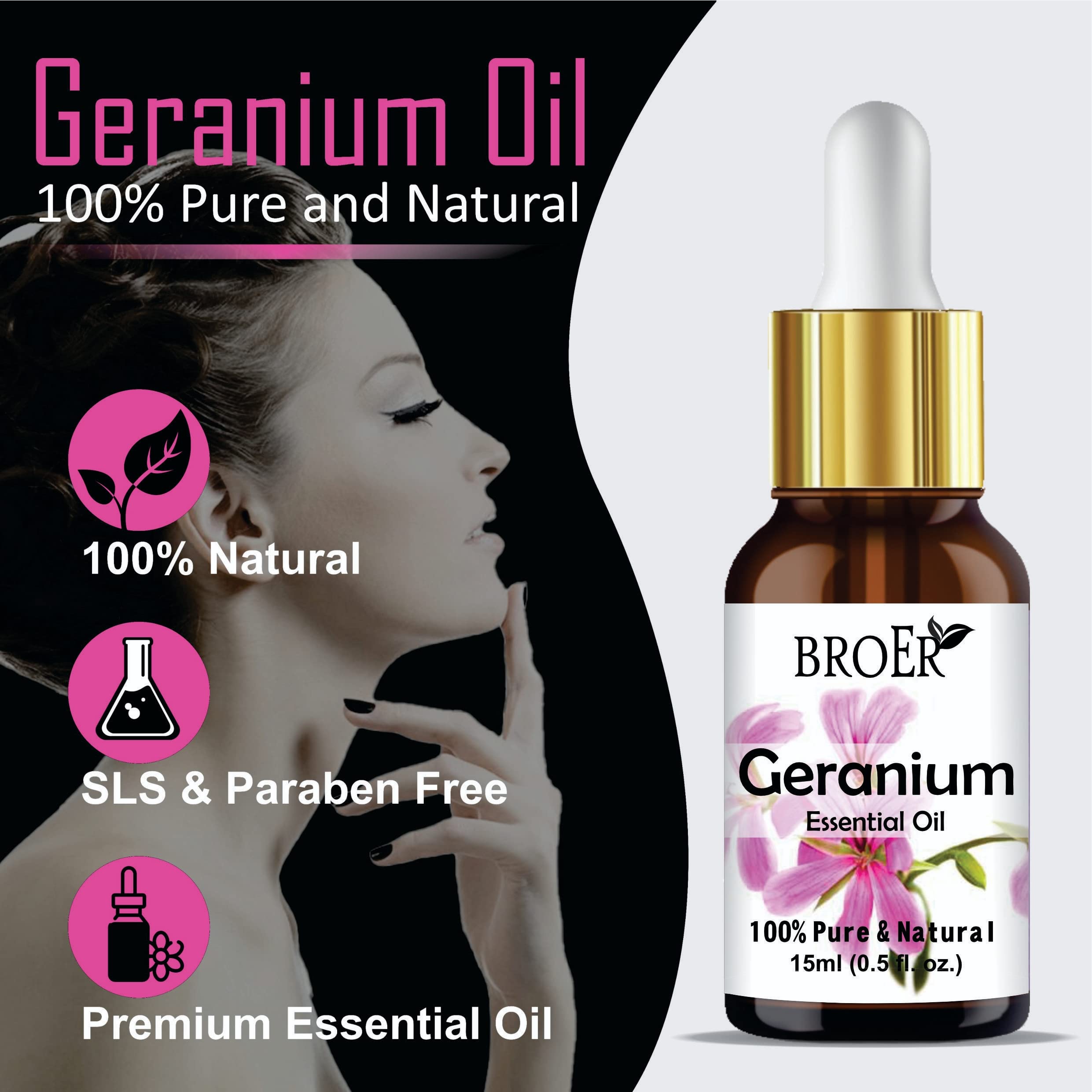 BROER Naturals Pure Geranium Essential Oil - 100% Pure, Natural & Undiluted for Skin Care, Hair Growth, Diffuser & Aromatherapy | No Parabens, Sulfates | Cruelty-Free, Vegan | 2-Pack (30ml Each) | Perfect for Relaxation, Massage & DIY Beauty Products
