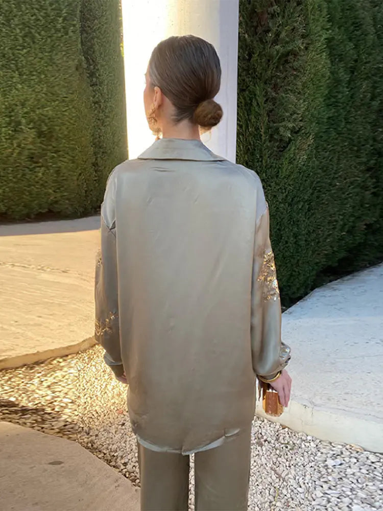 Women's 2-Piece Sequin Shirt & Wide Leg Pants Set - Fashion Print Loose Lapel Long Sleeve Top Elegant Outfit for Party, Dinner & Special Occasions