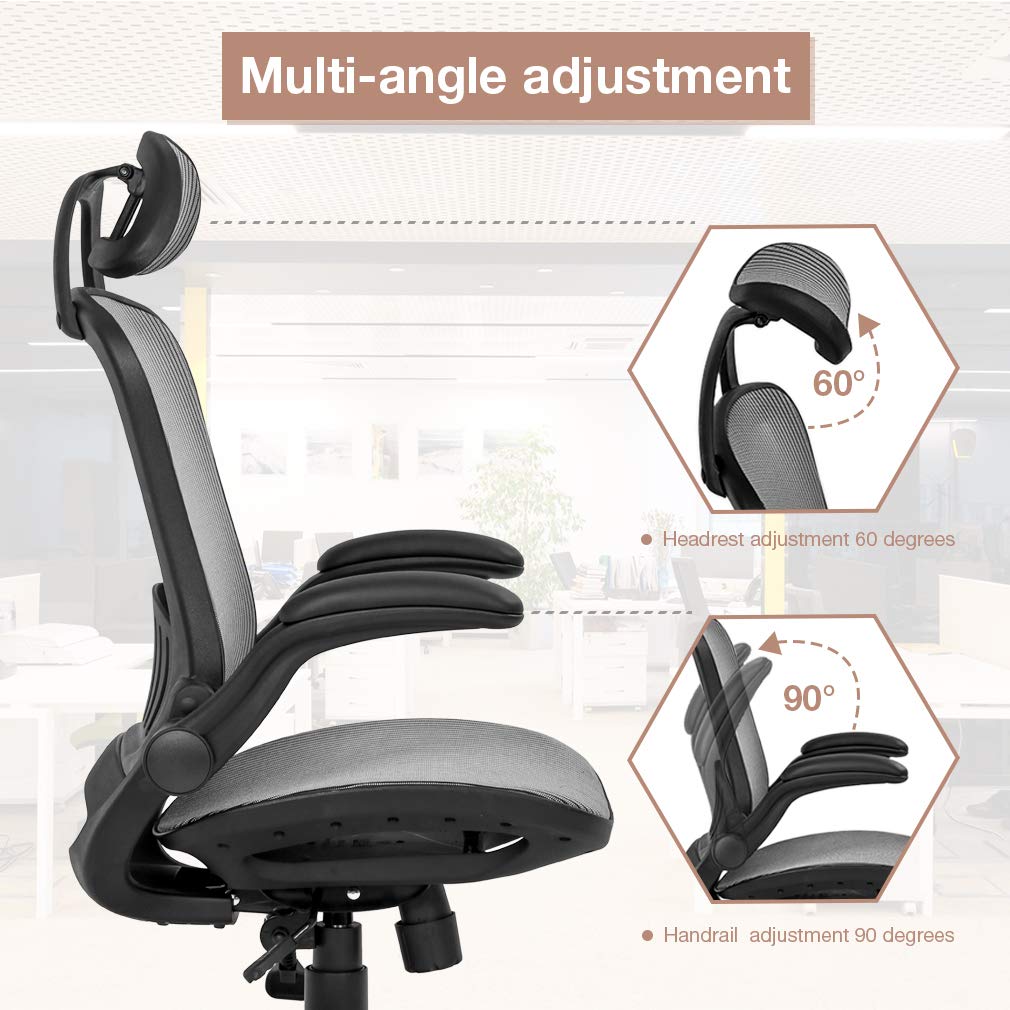 Ergonomic Office Chair with Lumbar Support & Headrest - Adjustable Mesh Computer Desk Chair with Flip-Up Arms, Swivel & Rolling Wheels - Comfortable Task Chair for Adults (Grey) - Perfect for Home Office, Gaming & Workspace