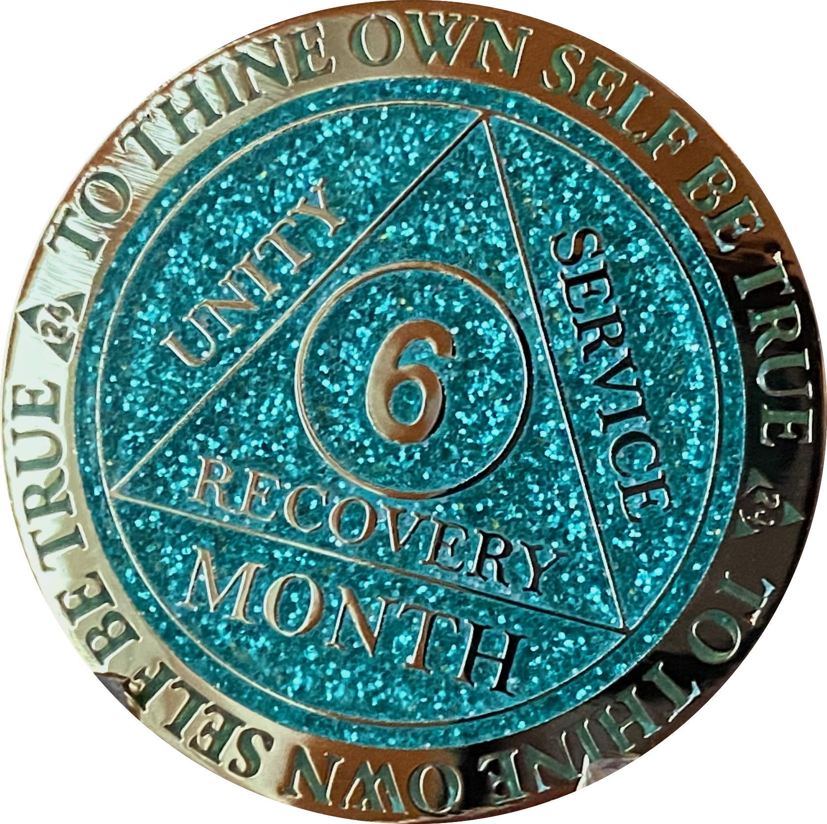 Recoverychip 6 Month AA Medallion - Aqua Glitter & Gold Plated Sobriety Chip for Alcoholics Anonymous - Perfect for 12 Step Meetings, Recovery Milestones and Addiction Support Gifts